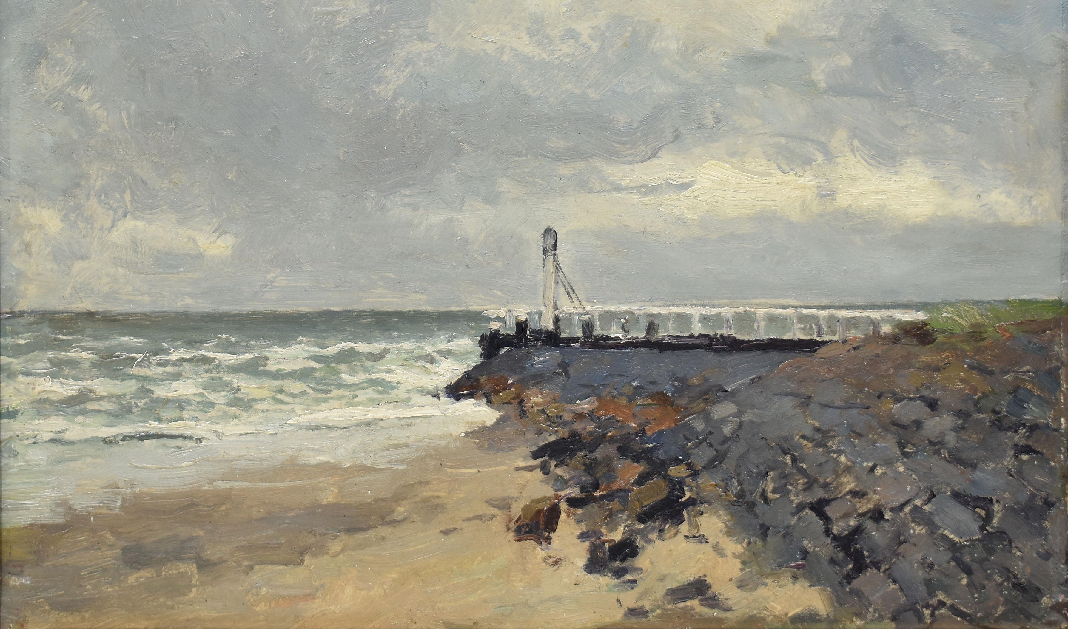 Antique American school seascape painting, figure walking on a beach.  Oil on canvas, circa 1920.  Unsigned.  Displayed in a giltwood frame.  Image size, 15