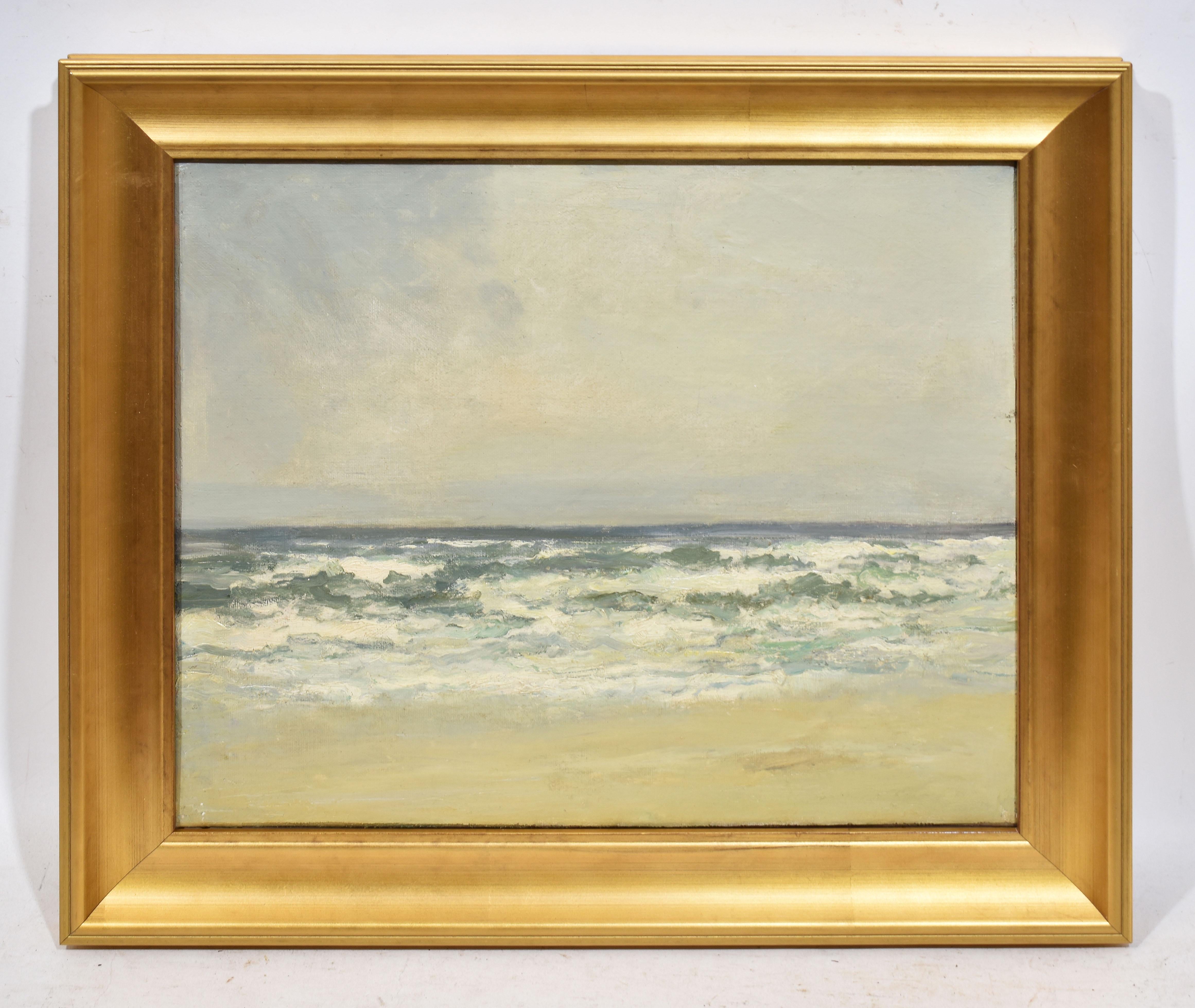 Antique American School Impressionist Seascape Beach Waves Nautical Oil Painting - Beige Landscape Painting by Unknown