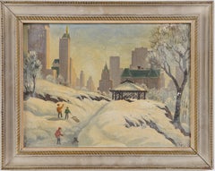 Antique American School Impressionist Sledding Central Park Signed Oil Painting