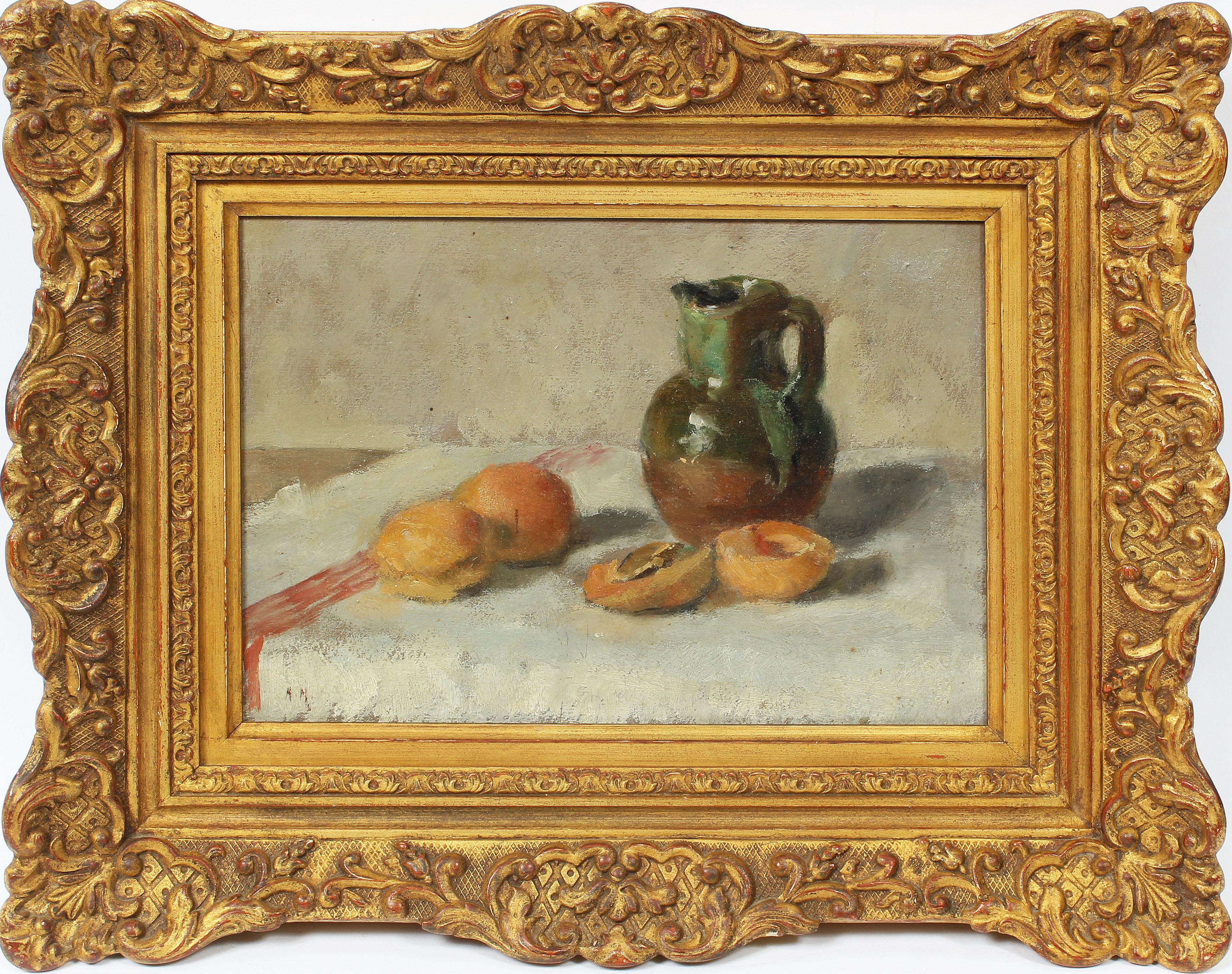Unknown Still-Life Painting - Antique American School Impressionist Still Life Peach Fruit Signed Oil Painting