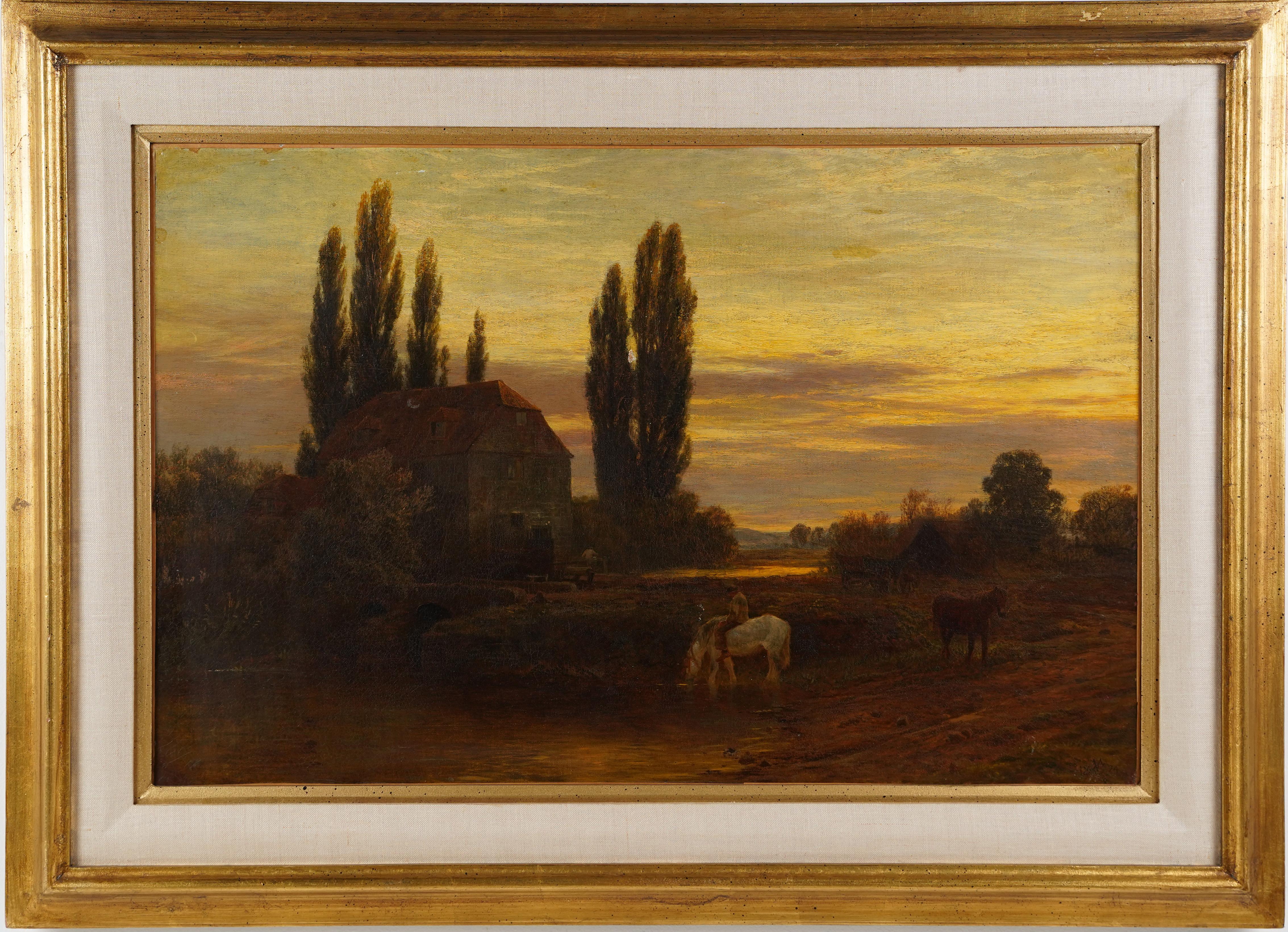 Ancienne peinture à l'huile impressionniste de l'école américaine Sunset de l'Hudson River School
