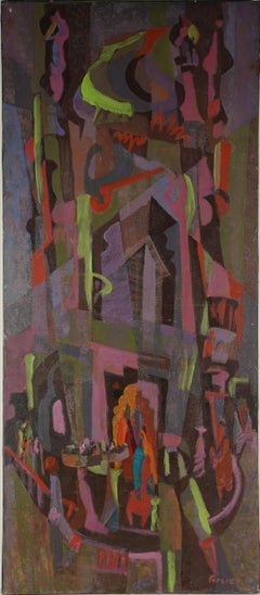 Antico dipinto ad olio originale di scuola americana, cubista astratto di grandi dimensioni e firmato