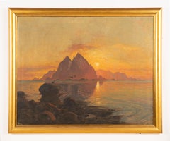 Antique American School Large Hawaiian Sunset Tropical Mountain Beach Painting