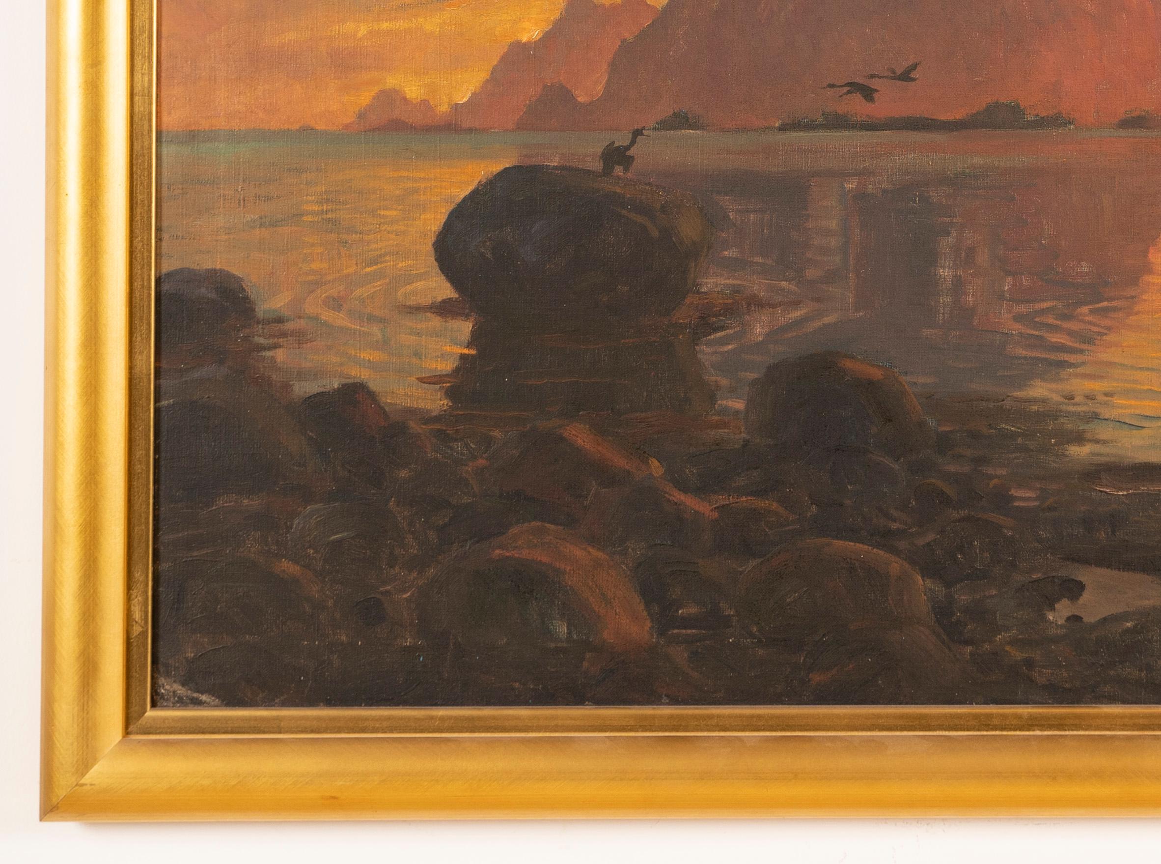 Antique American impressionist oil painting of a tropical sunset seascape.  Oil on canvas, circa 1900.  Unsigned.  Image size, 38L x 30H.  Housed in a giltwood frame.
