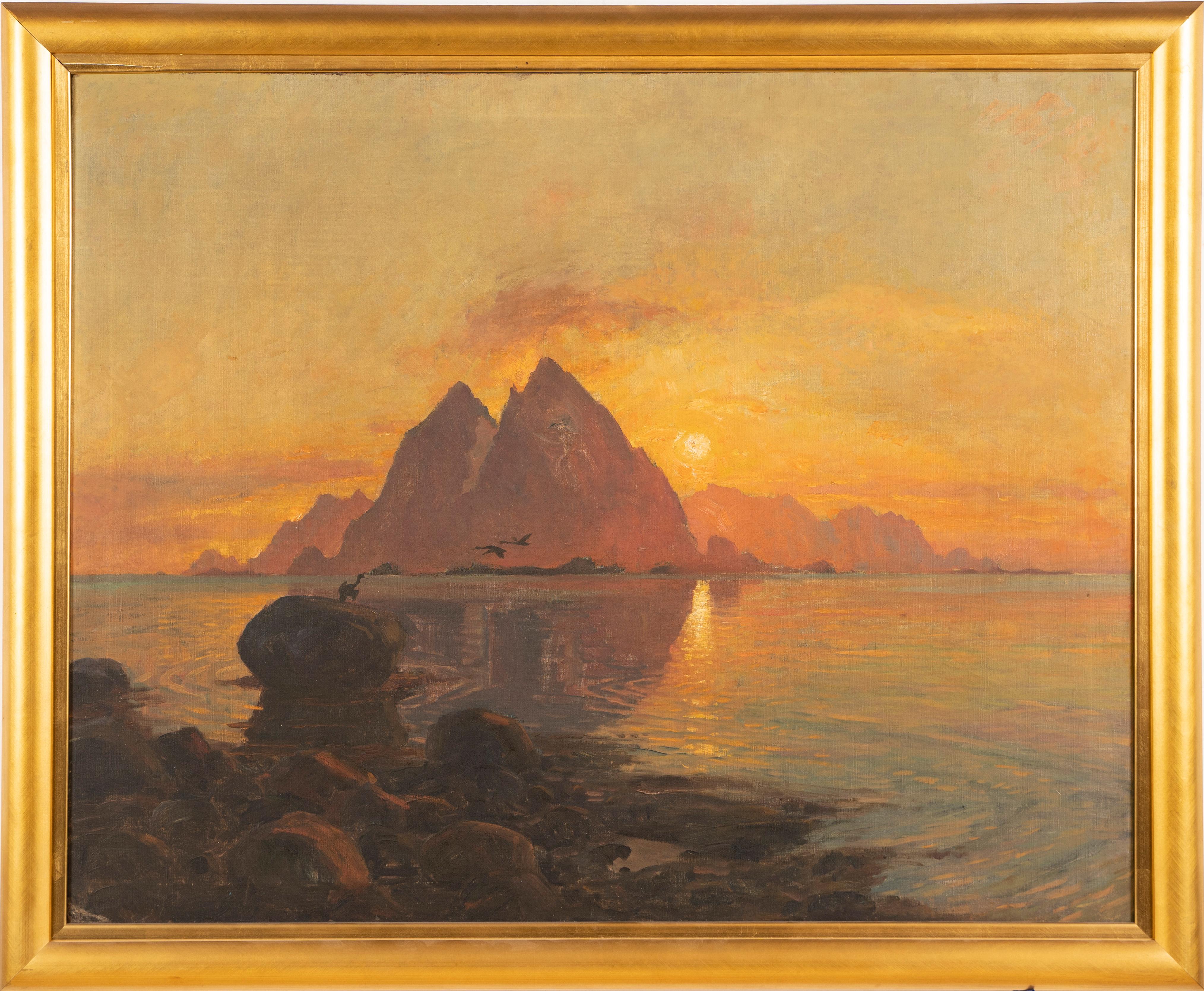Unknown Landscape Painting - Antique American School Large Hawaiian Sunset Tropical Mountain Beach Painting