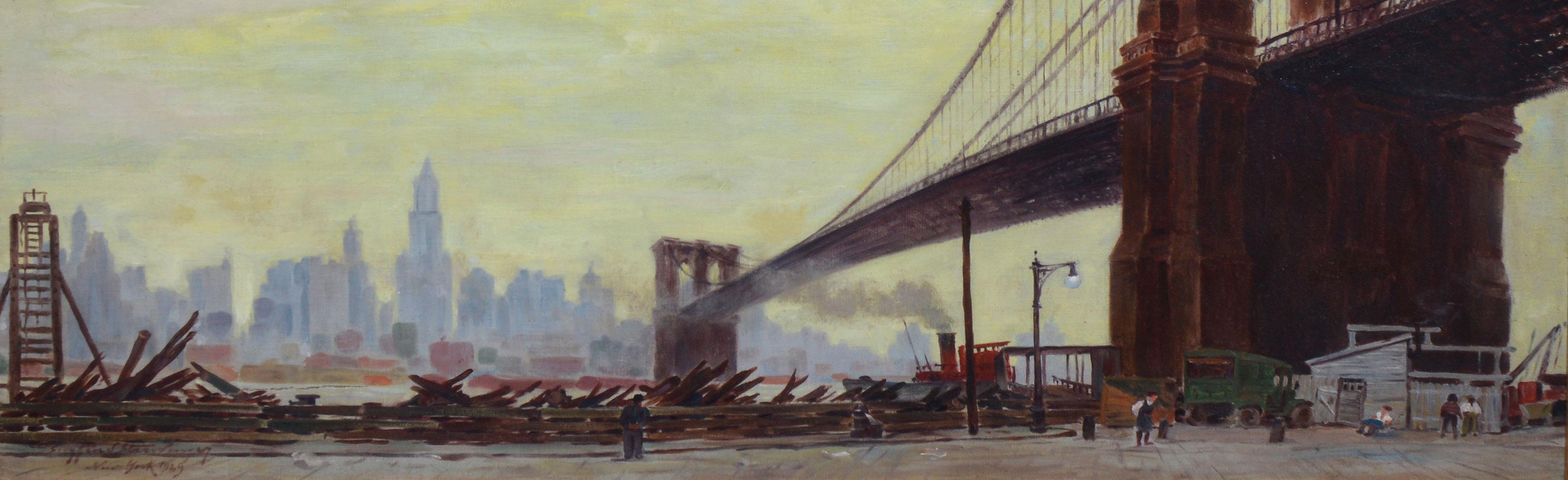 Antique American School Large Impressionist Oil Painting of the Brooklyn Bridge - Brown Landscape Painting by Unknown