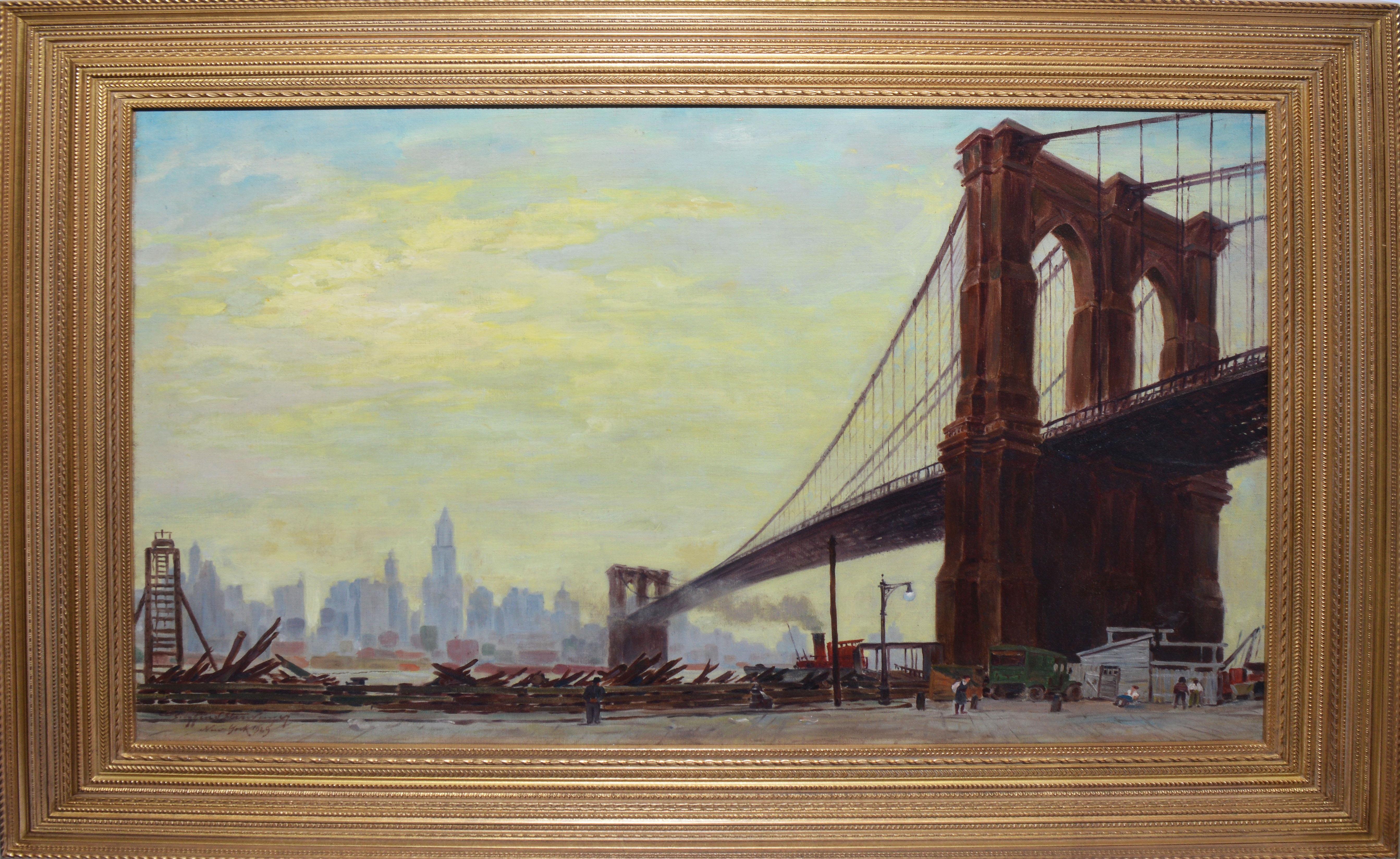 Unknown Landscape Painting - Antique American School Large Impressionist Oil Painting of the Brooklyn Bridge
