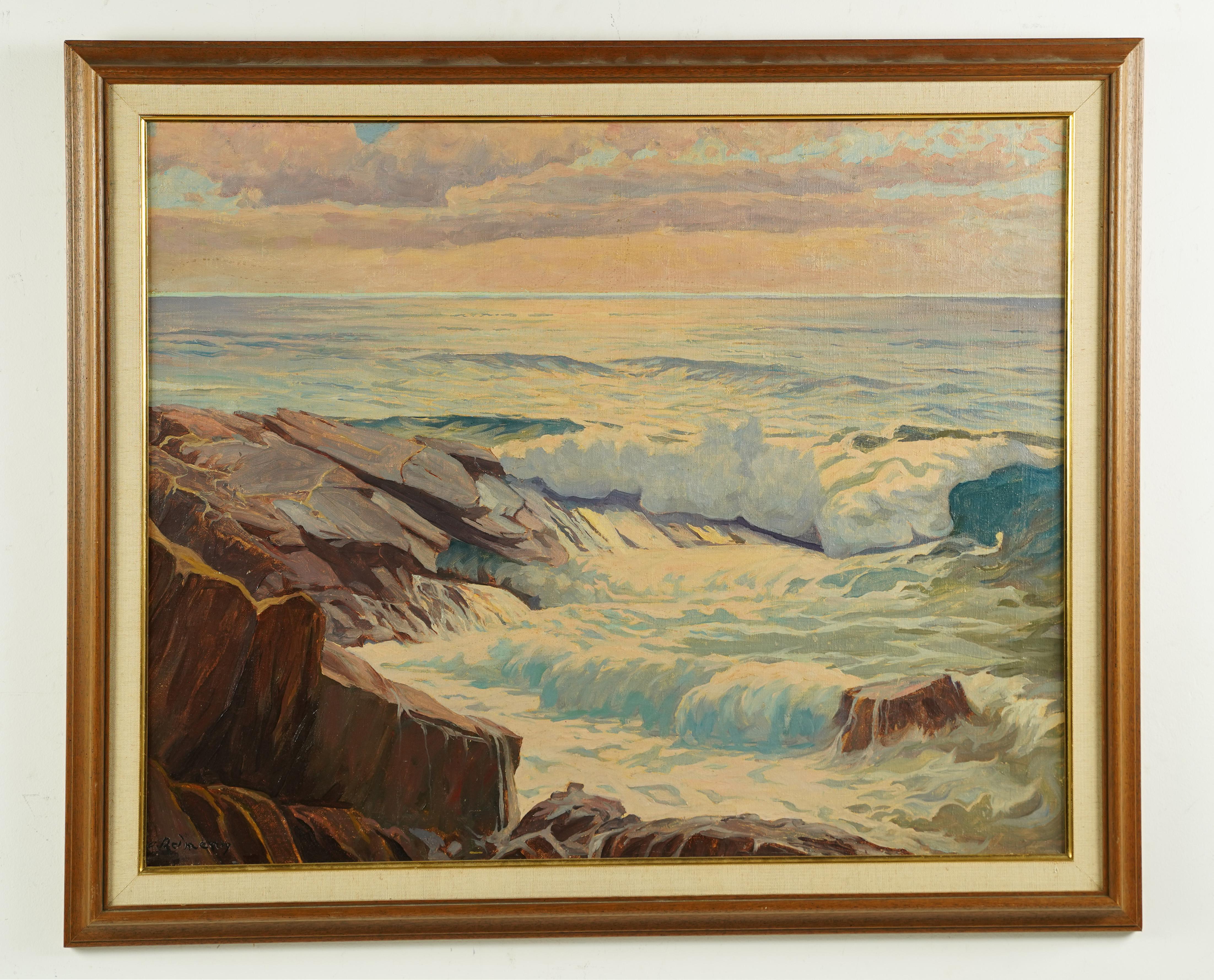 Antikes Ölgemälde der amerikanischen Schule, Große Panoramik- Meereslandschaft, Sonnenuntergang (Impressionismus), Painting, von Unknown