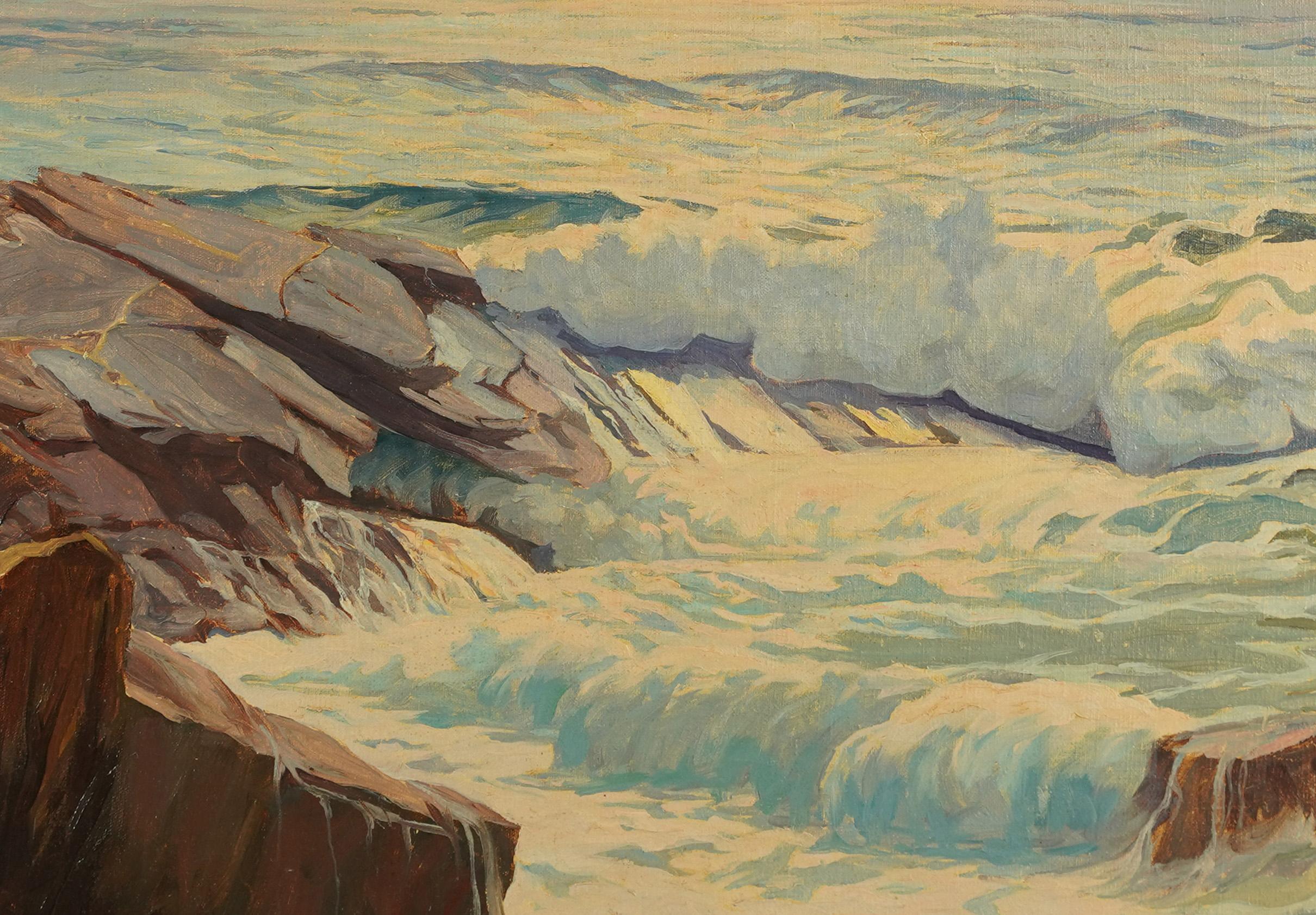 Antiguo óleo de paisaje marino de la escuela americana.  Óleo sobre lienzo. Enmarcado.  Firmado.  Tamaño de la imagen, 30L x 24H.