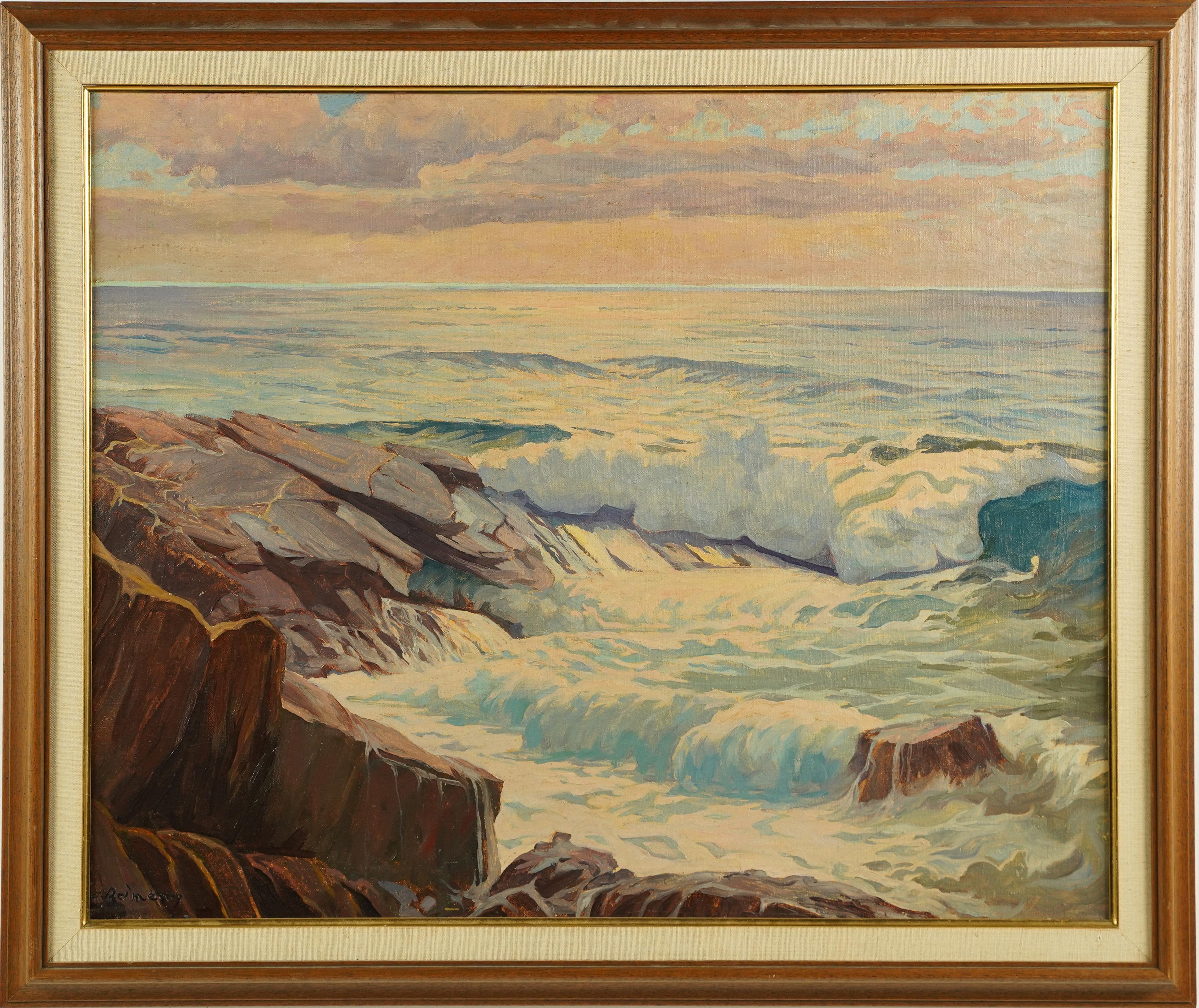Landscape Painting de Unknown - Antiguo cuadro al óleo de la Escuela Americana, gran paisaje marino panorámico, atardecer en la costa
