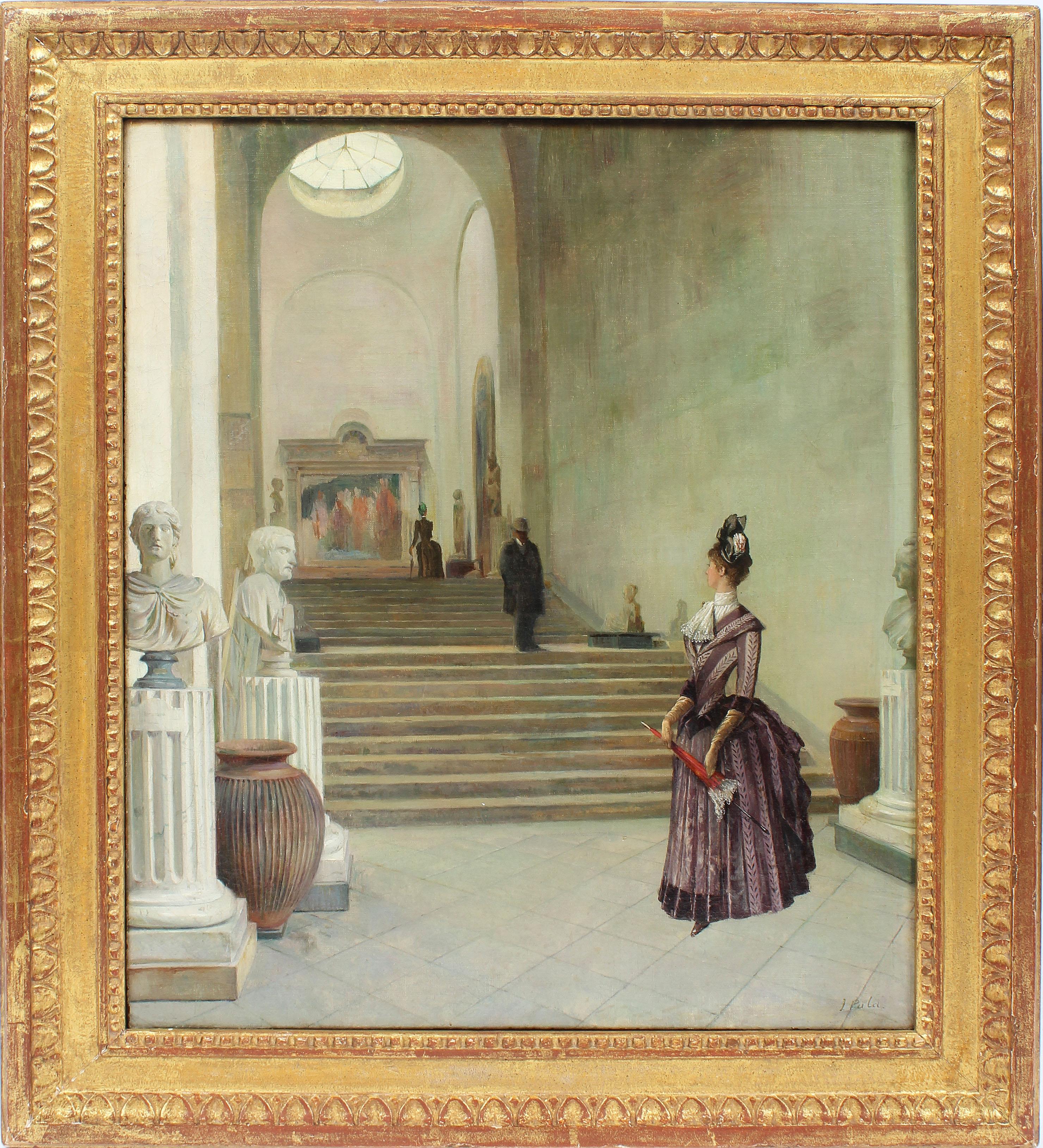 Unknown Figurative Painting - Antique American School "Metropolitan Museum" Interior Genre Scene Oil Painting