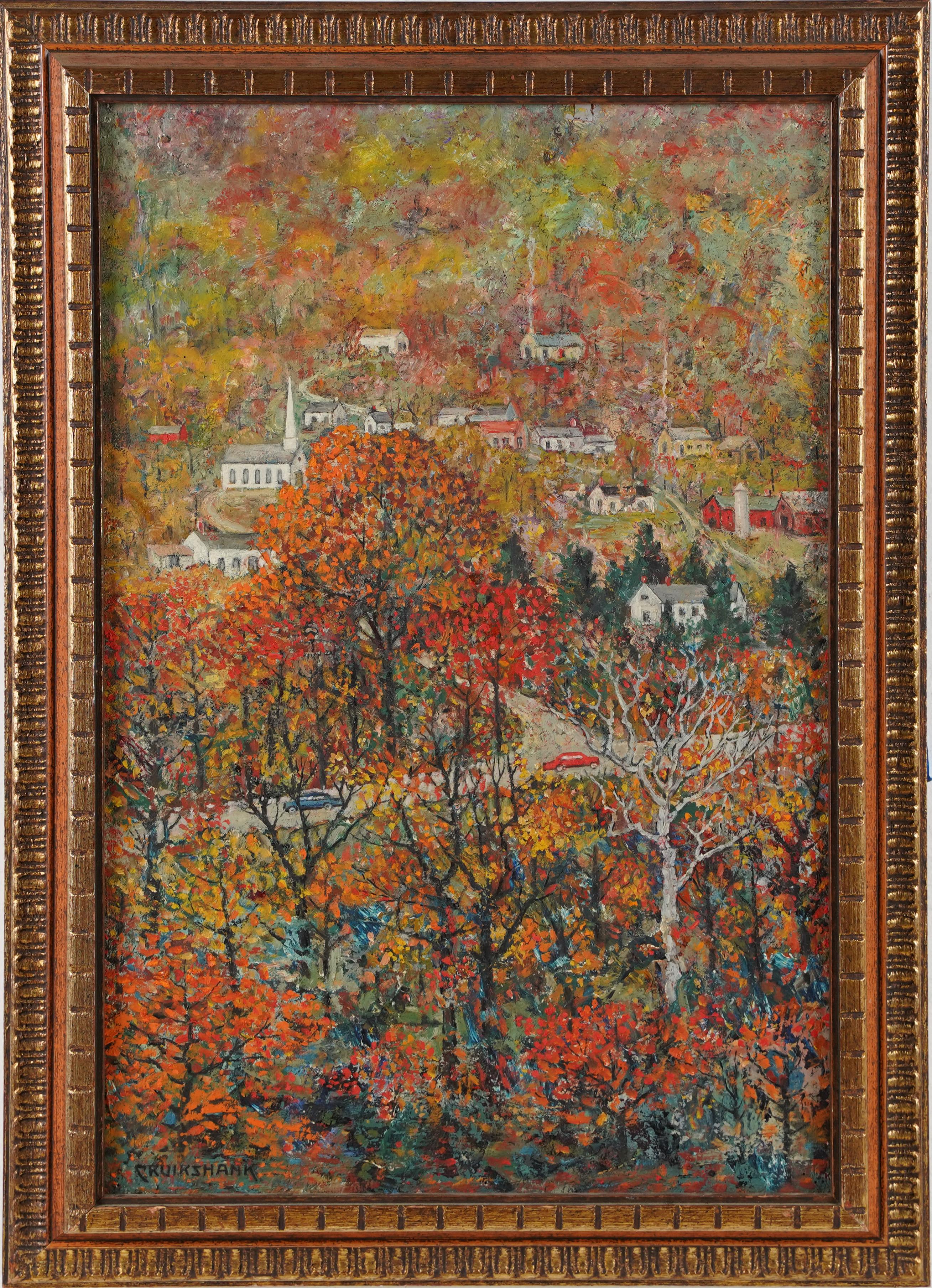 Antico dipinto ad olio di scuola americana della città del Midwest, con cornice firmata, paesaggio autunnale - Painting di Unknown
