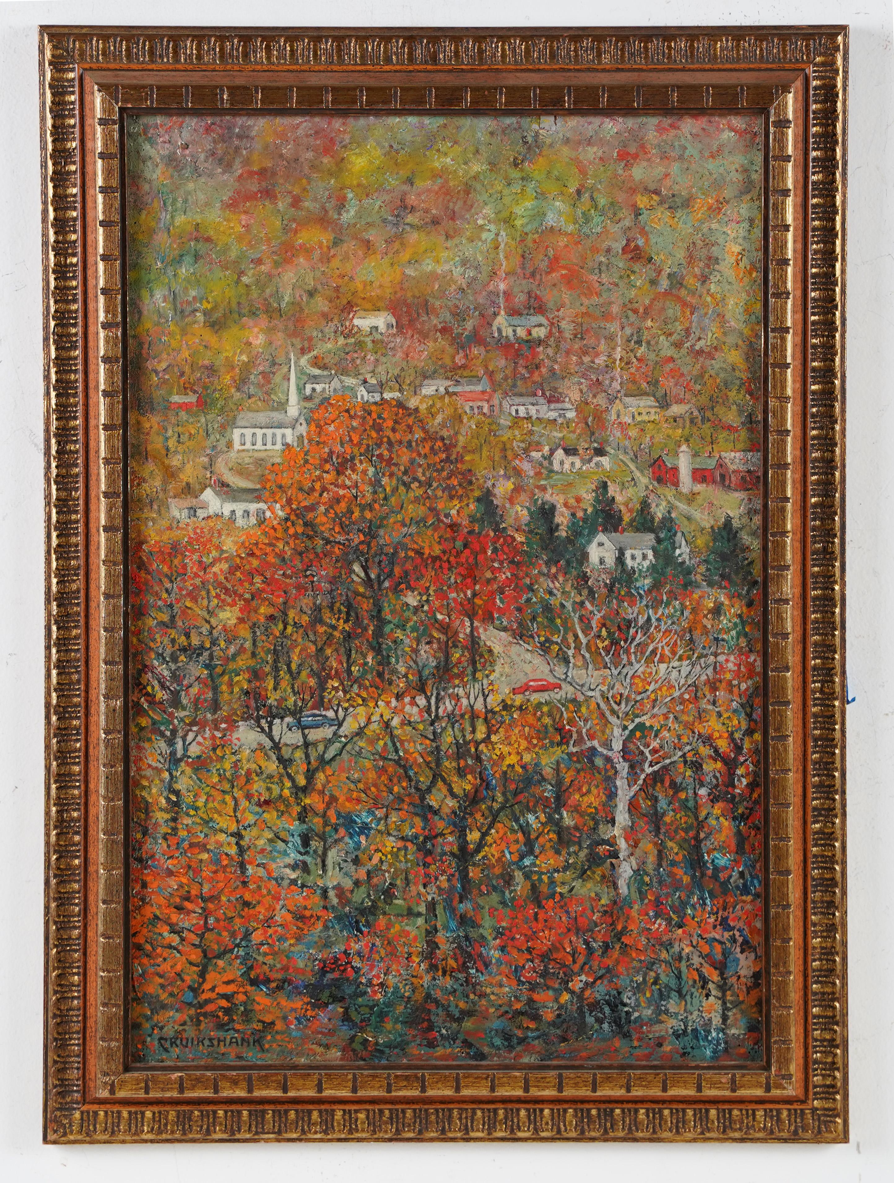 Antico dipinto ad olio di scuola americana della città del Midwest, con cornice firmata, paesaggio autunnale - Painting Impressionismo di Unknown