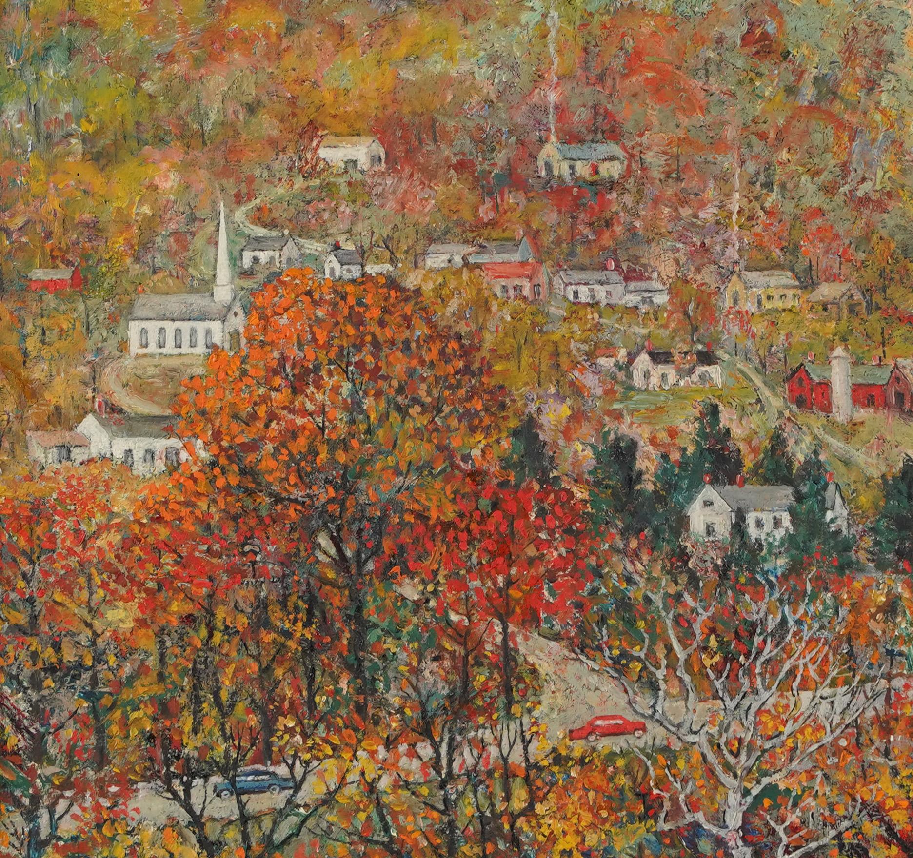 Antico dipinto a olio di paesaggio autunnale firmato dall'impressionista americano.  Olio su tavola.  Firmato.  Incorniciato.  Dimensioni dell'immagine, 12L x 18H.