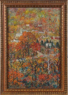  Antique American School Midwest Town Signed Framed Fall Landscape Oil Painting