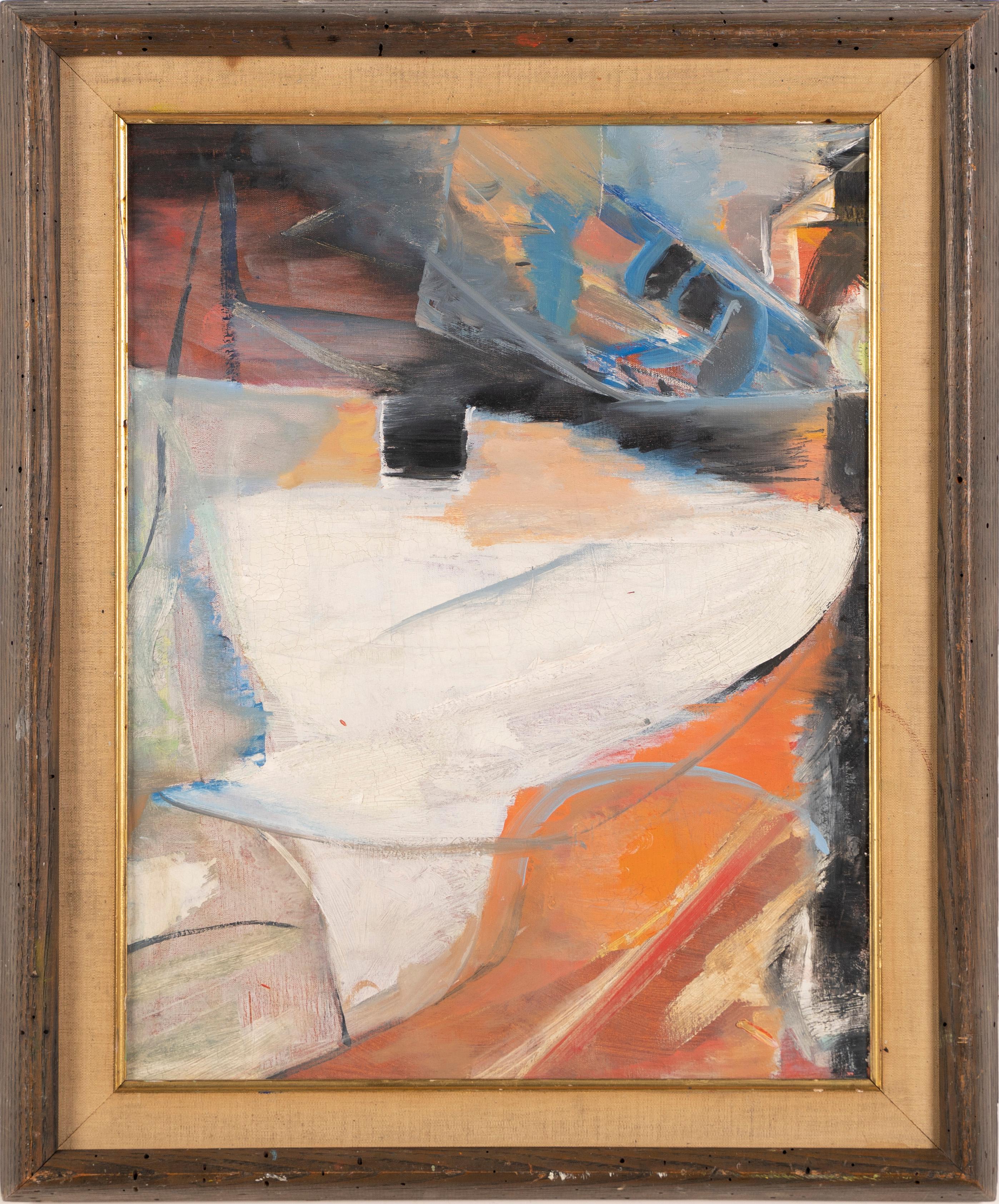Vintage American modernist abstract painting..  Oil on canvas, circa 1940.  Unsigned.  Image size, 14L x 18H.  Housed in a period  frame.
