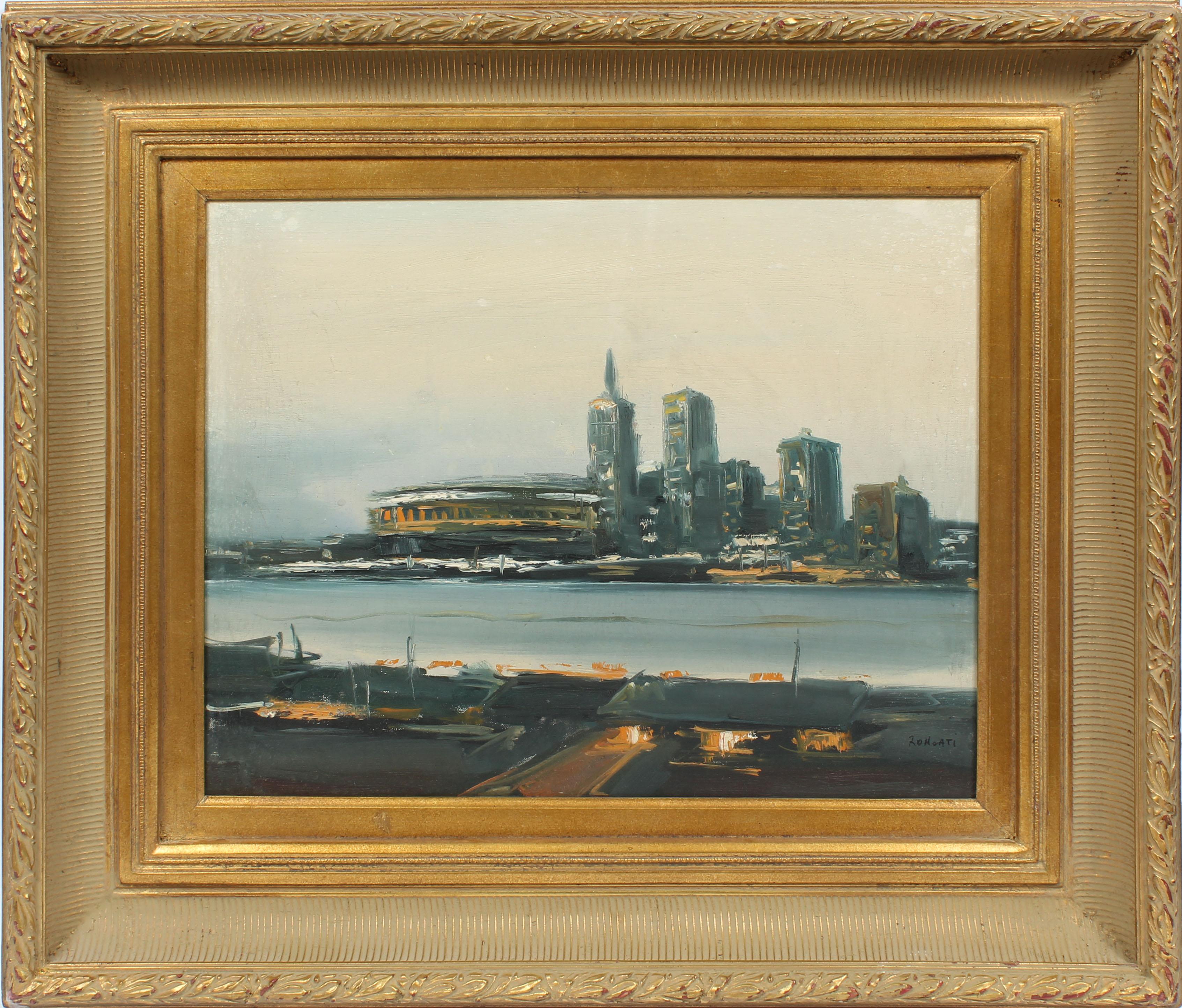 Ancienne peinture d'origine de l'école américaine moderniste, paysage urbain abstrait abstrait, signée