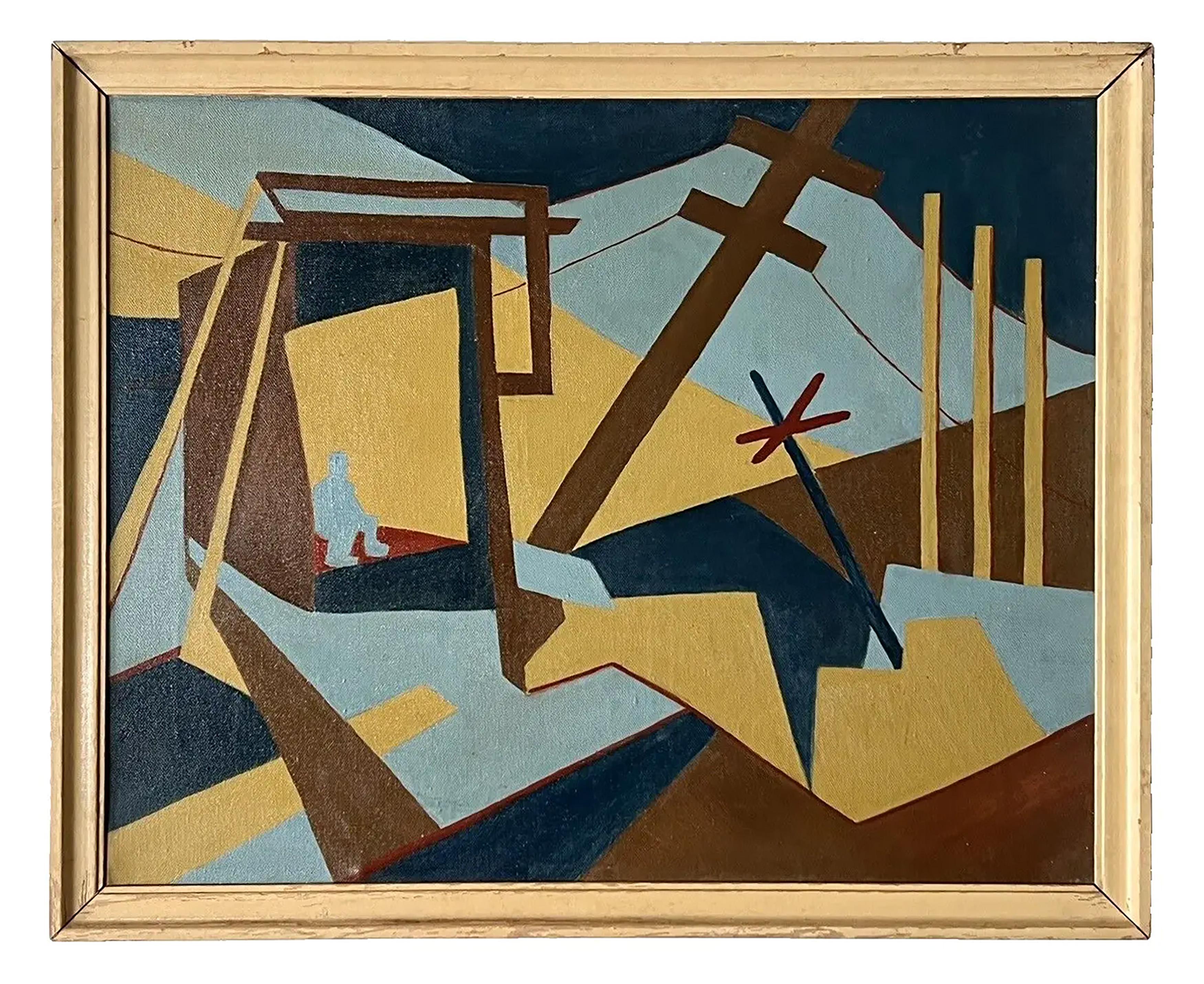 Nicely painted mid century abstract cubist oil painting.  Great color and composition.  Framed.  