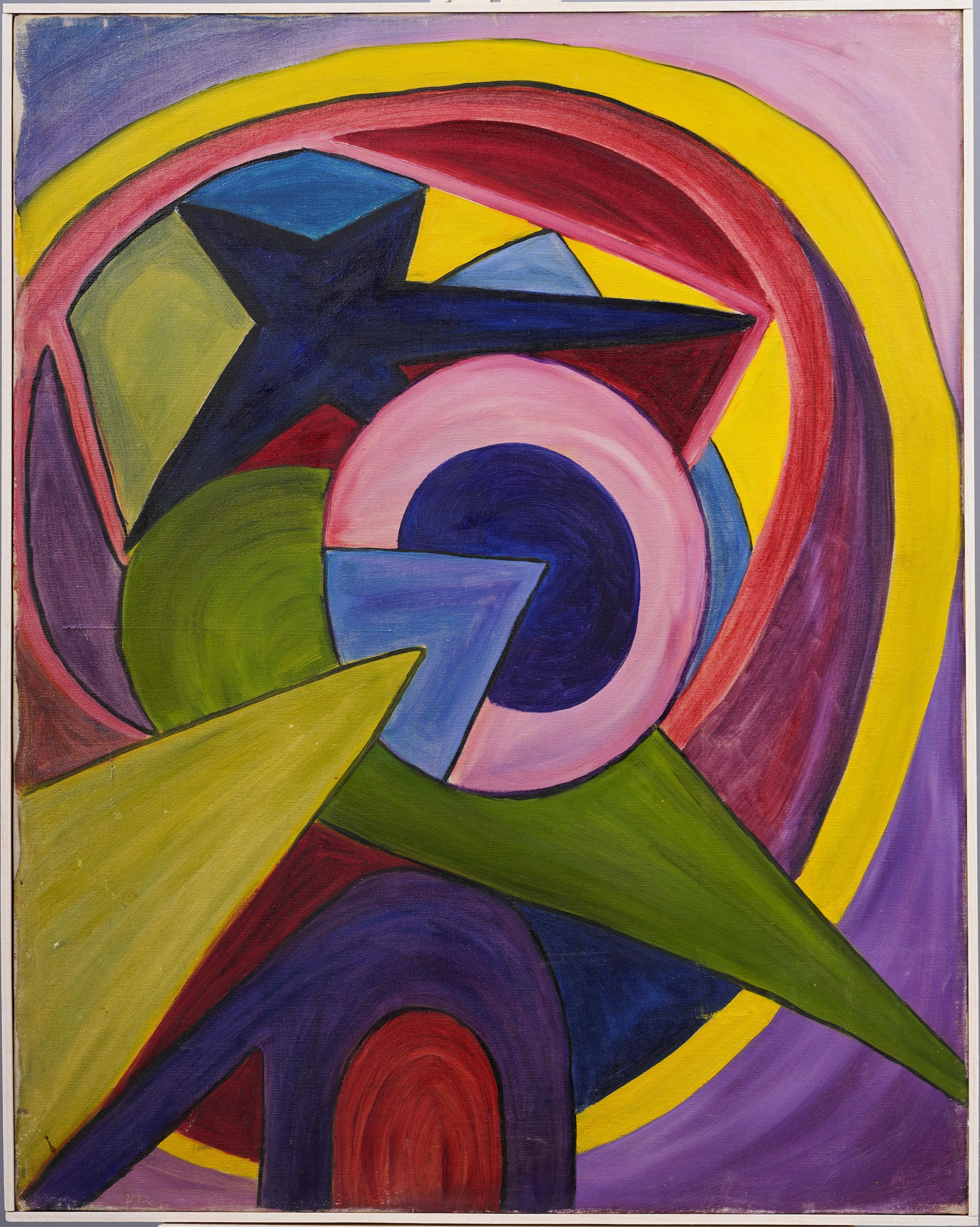 Abstract Painting di Unknown - Antico cubista astratto di scuola americana di metà secolo con cornice  Pittura