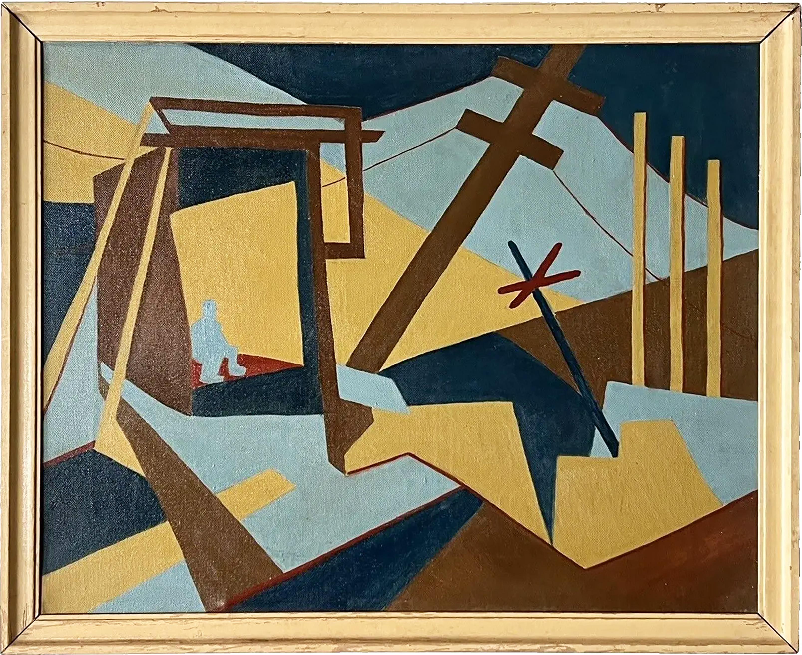 Unknown Landscape Painting – Antike gerahmte abstrakte kubistische Mid-Century-Komposition der amerikanischen Schule, Modernismus  Malerei
