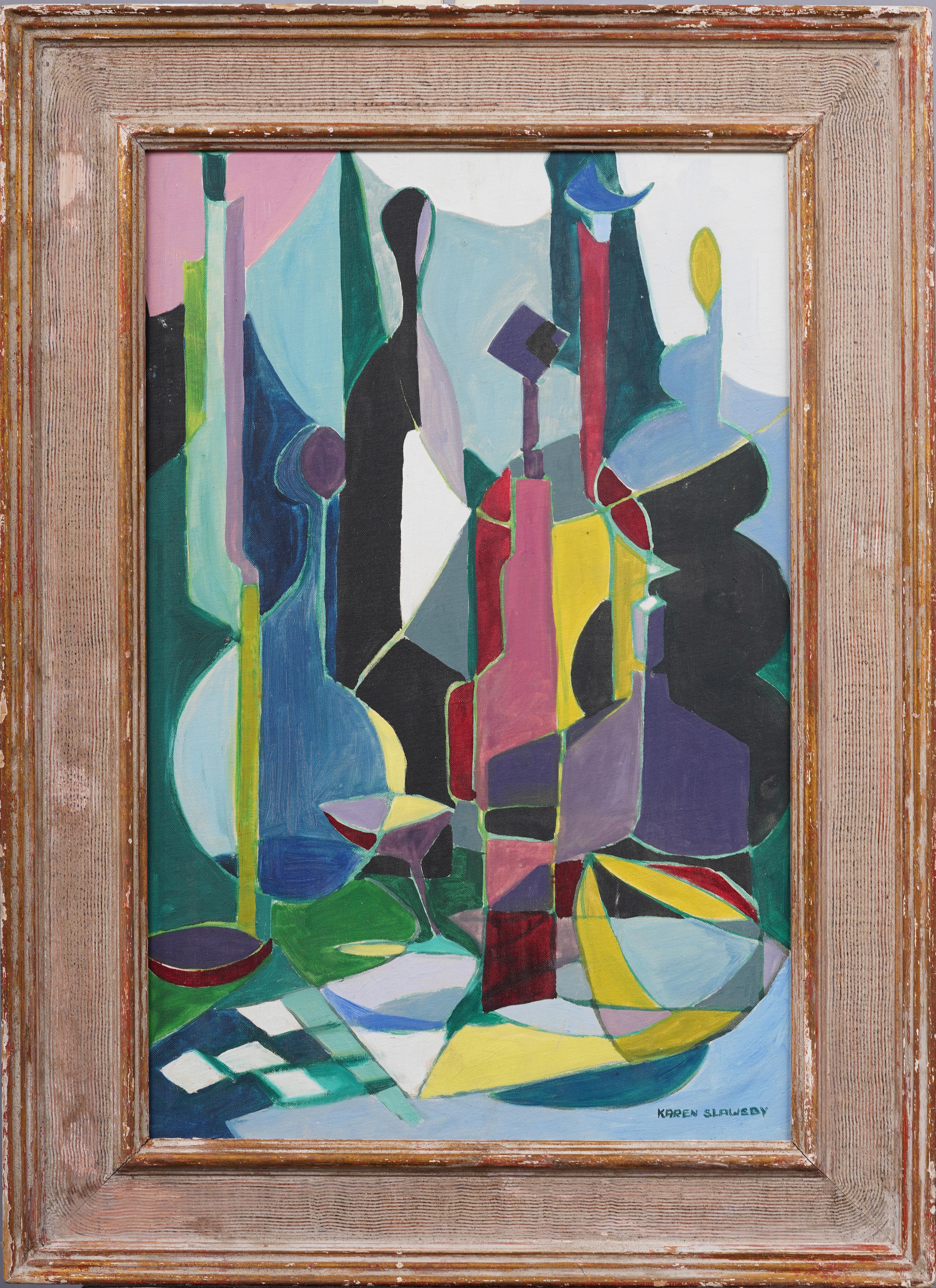Antico dipinto ad olio incorniciato di scuola americana modernista, astratto e cubista, natura morta - Painting di Unknown