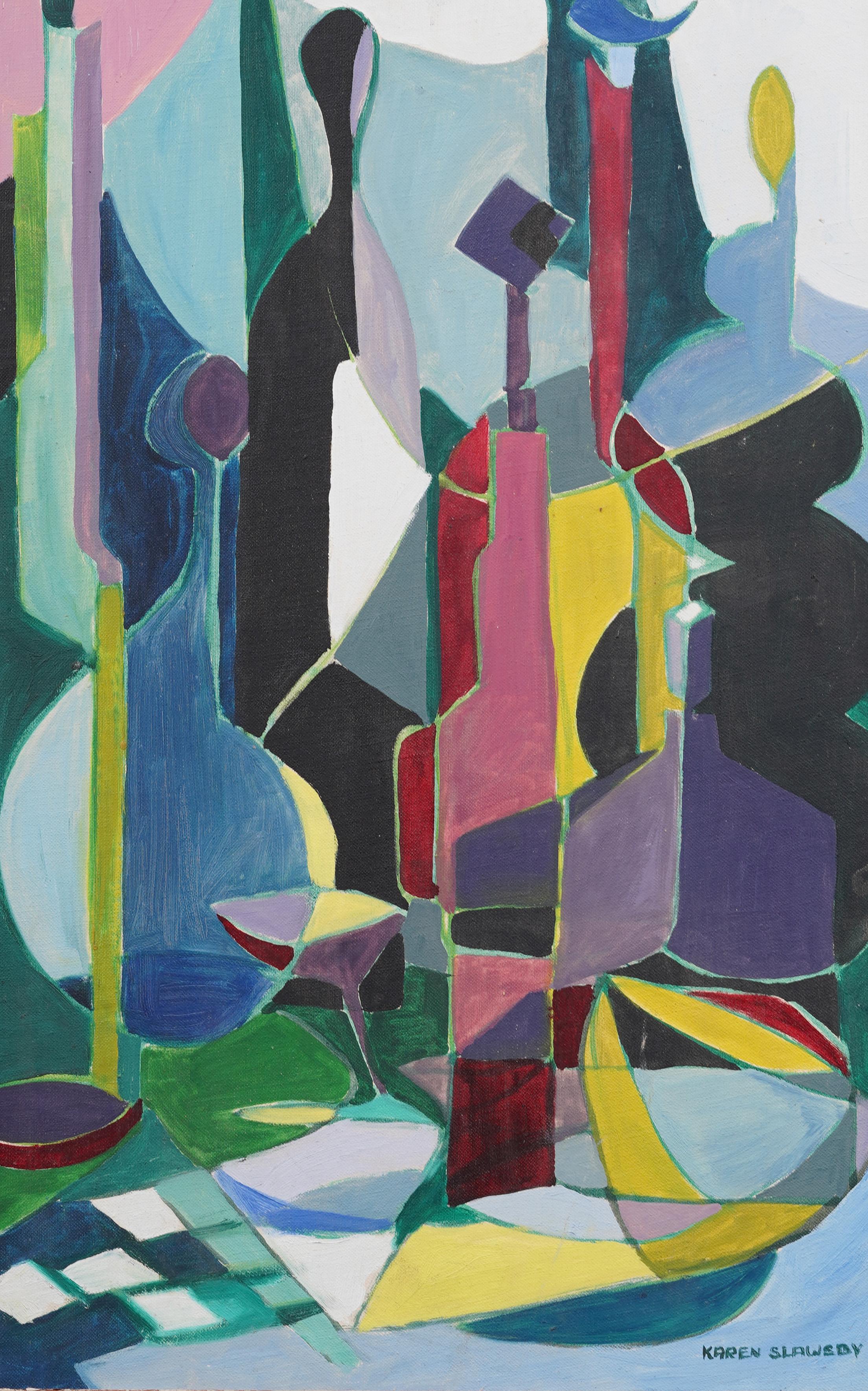 Antico dipinto ad olio incorniciato di scuola americana modernista, astratto e cubista, natura morta - Abstract Painting Marrone di Unknown