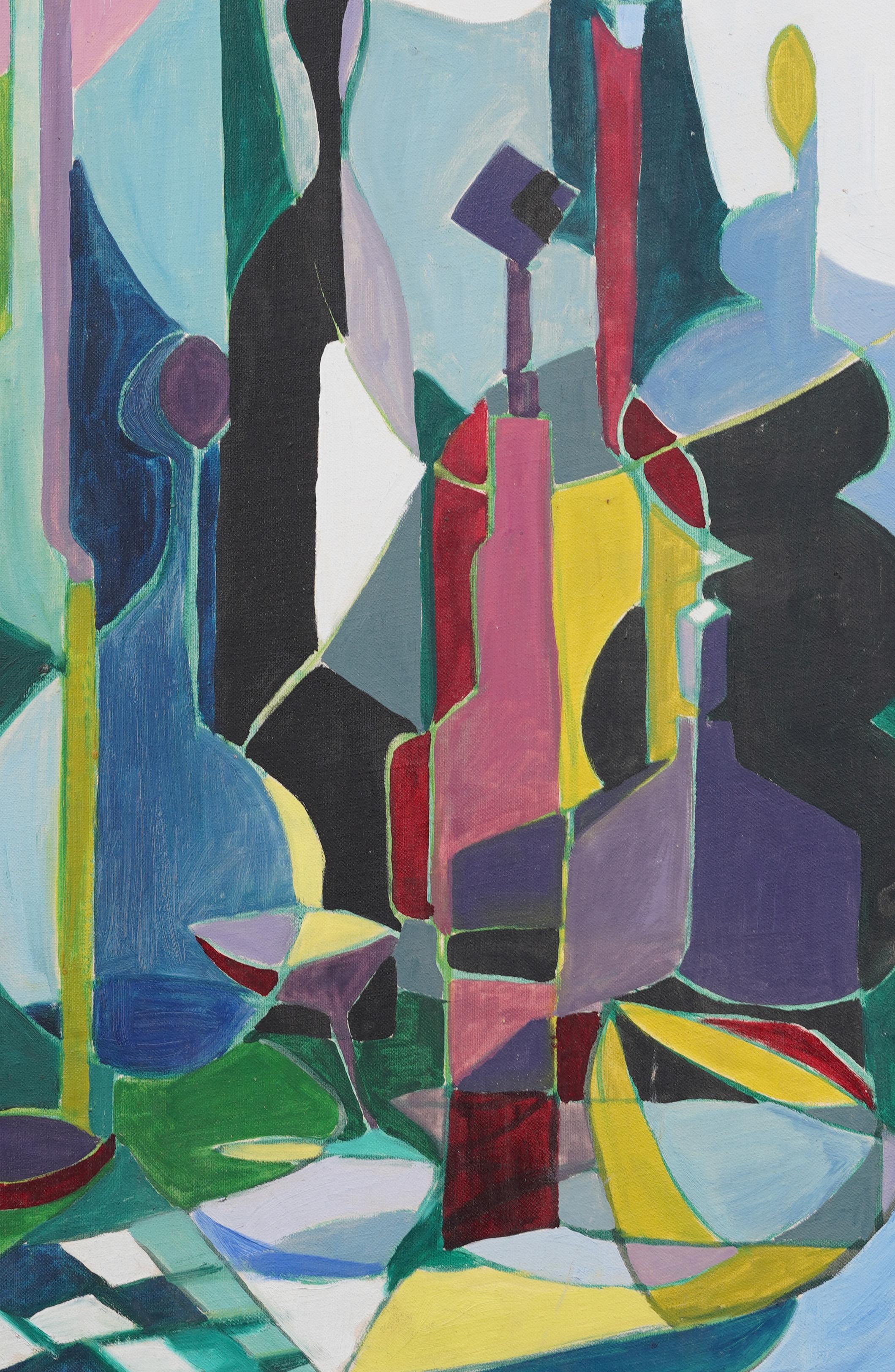 Impressionante pittura ad olio di natura morta astratta del primo modernismo americano.  Incorniciato.  Olio su tavola di tela.  Firmato.  Dimensioni dell'immagine, 24H per 16L.