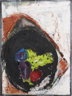 Antico quadro ad olio di scuola americana modernista con natura morta astratta a base di melanzane