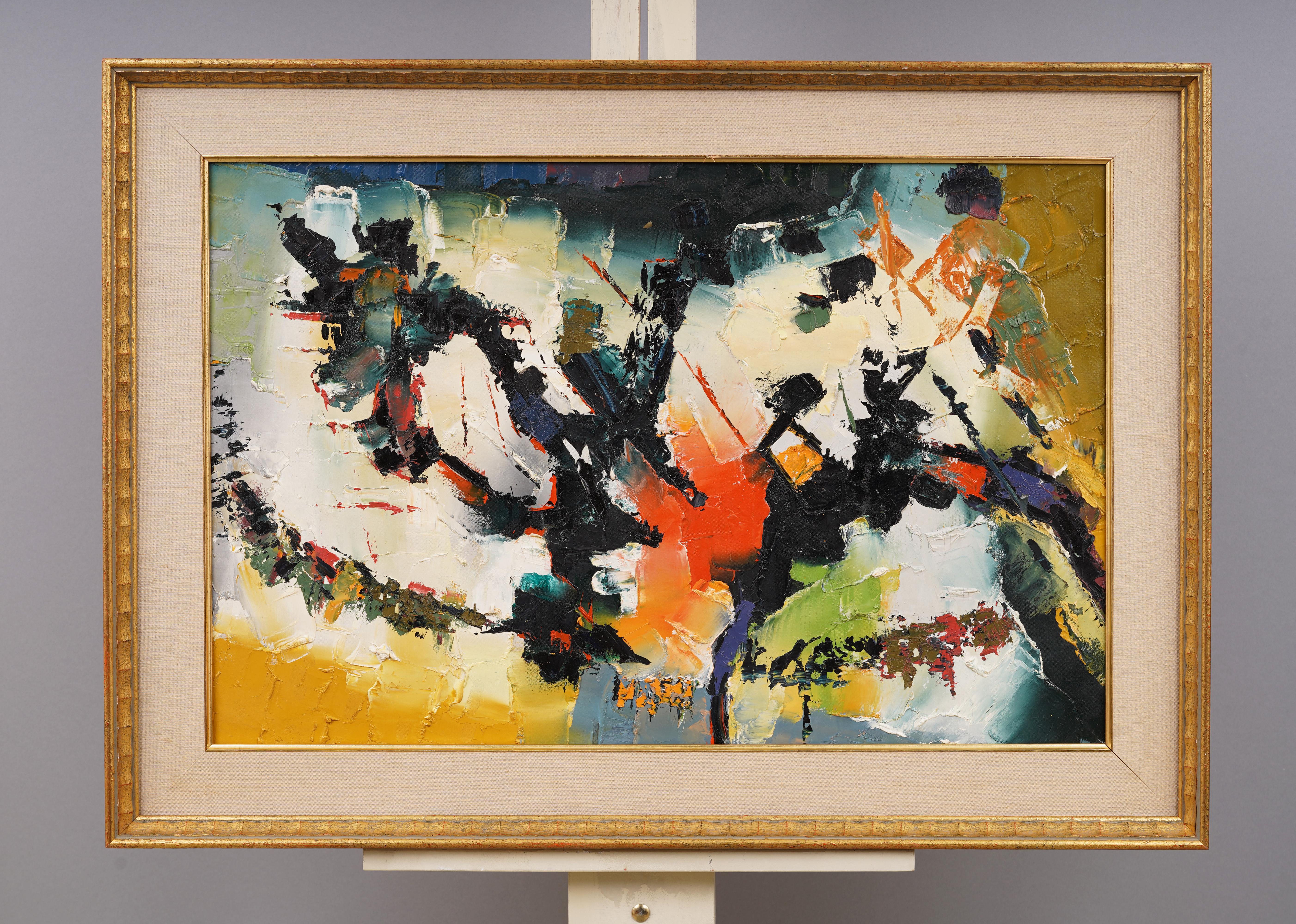 Ancienne peinture à l'huile expressionniste abstraite moderniste américaine encadrée - Painting de Unknown