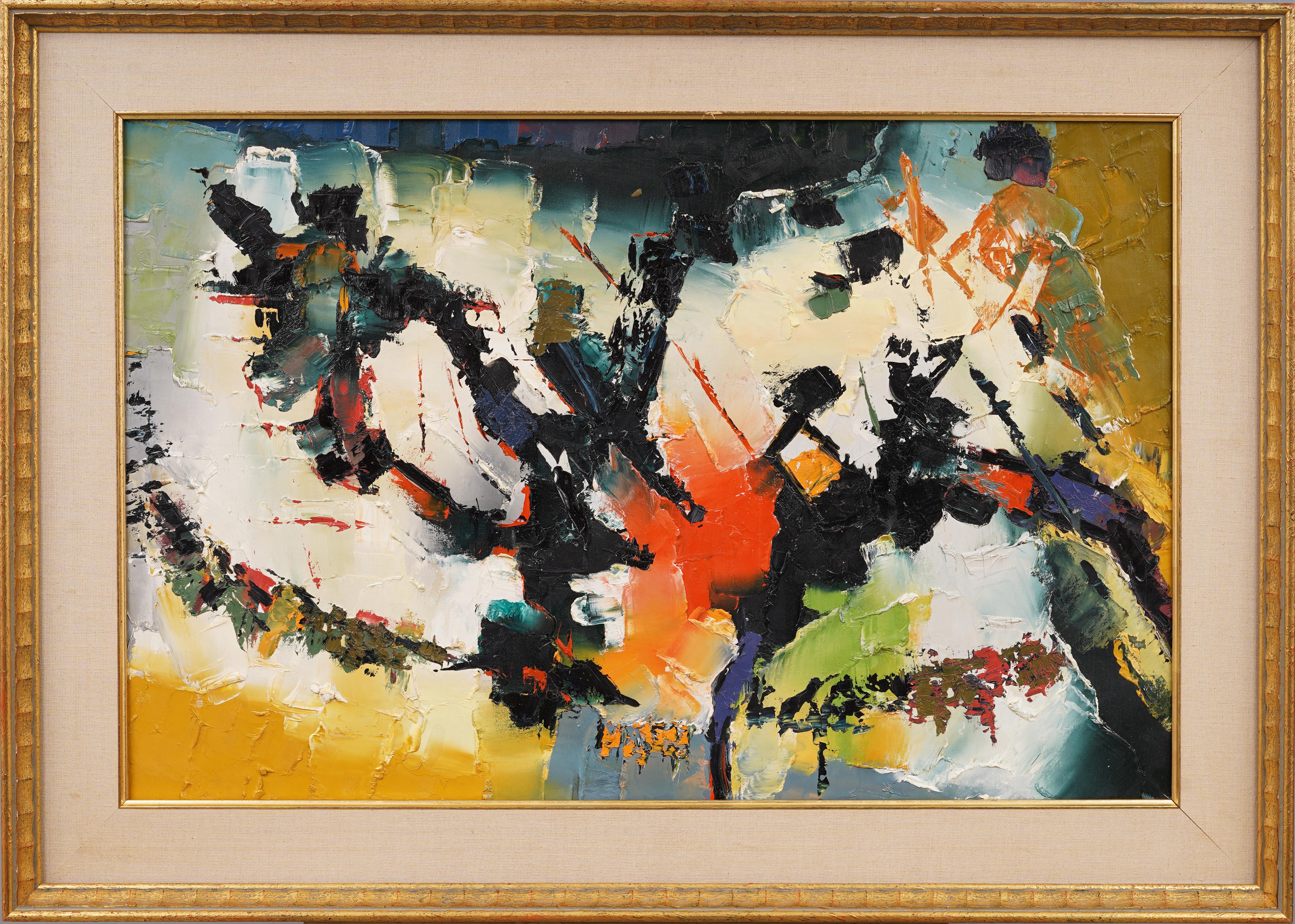 Ancienne peinture à l'huile expressionniste abstraite moderniste américaine encadrée - Expressionnisme abstrait Painting par Unknown