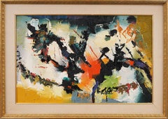 Ancienne peinture à l'huile expressionniste abstraite moderniste américaine encadrée