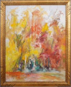 Antique American School Modernist Abstract Fall Landscape Framed Oil Painting