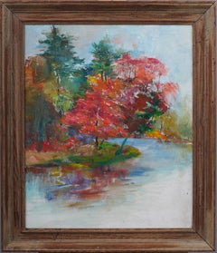 Antique American School Modernist Abstract Fall Landscape Framed Oil Painting