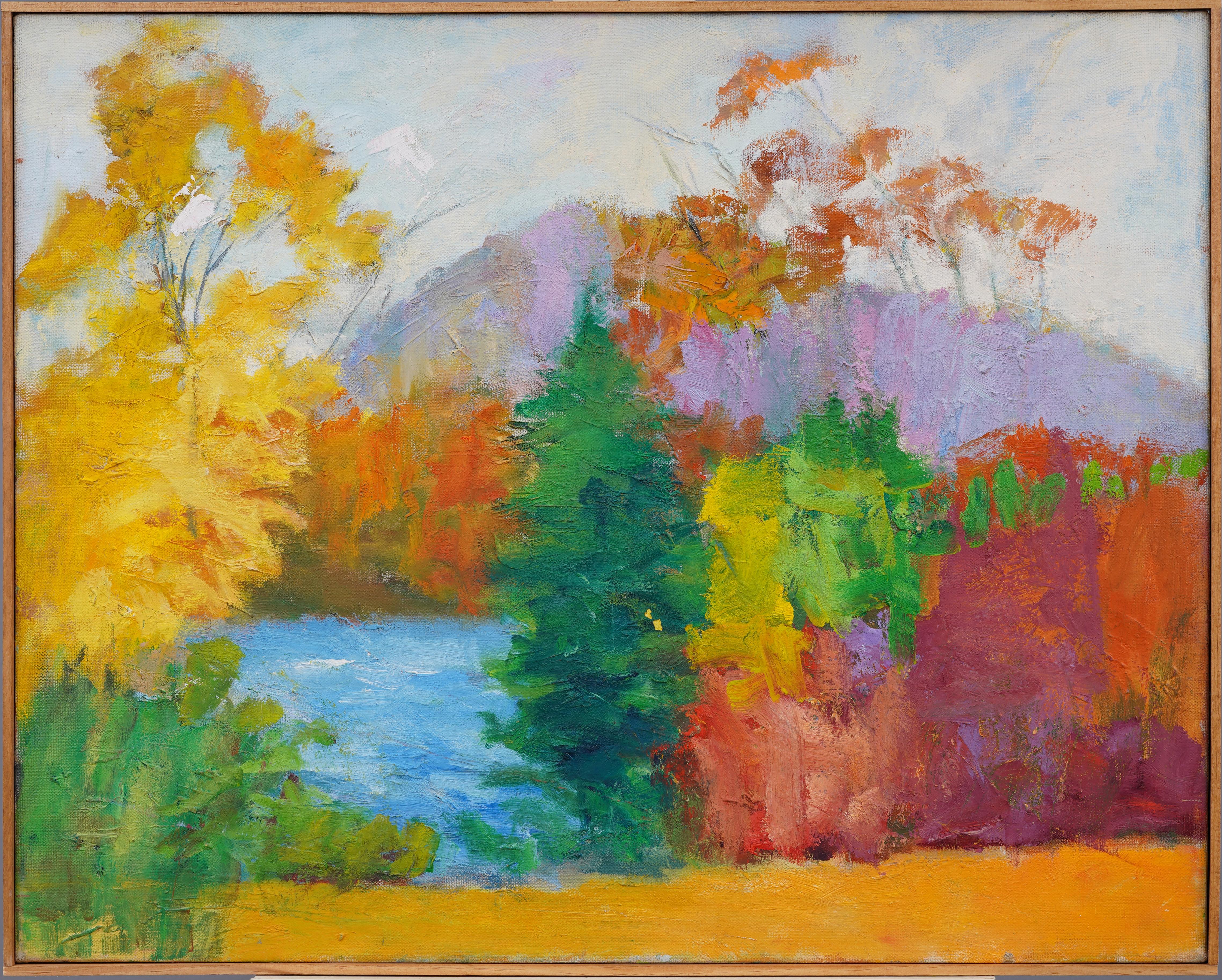 Unknown Landscape Painting – Antikes abstraktes gerahmtes Ölgemälde der amerikanischen Schule, modernistische Herbstlandschaft, gerahmt