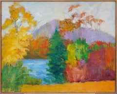 Vintage American School Modernist Abstract Fall Landscape Framed Oil Painting