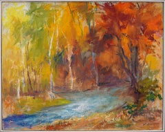 Antique American School Modernist Abstract Fall Landscape Framed Oil Painting