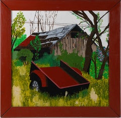 Retro American School Modernist Abstract Farm Landscape Oil Painting