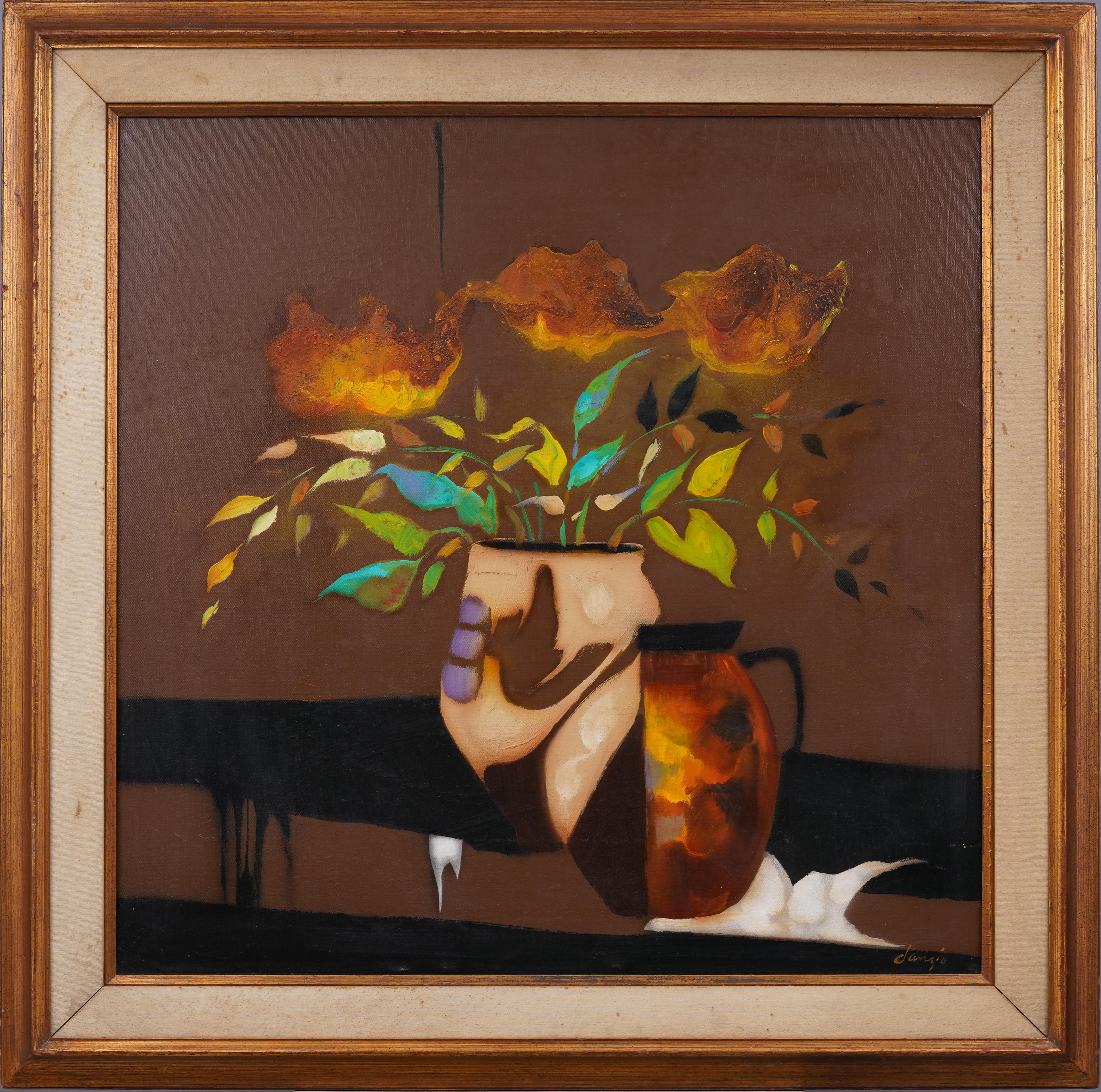 Unknown Abstract Painting – Antikes abstraktes Blumenstillleben der amerikanischen Schule, signiertes Gemälde