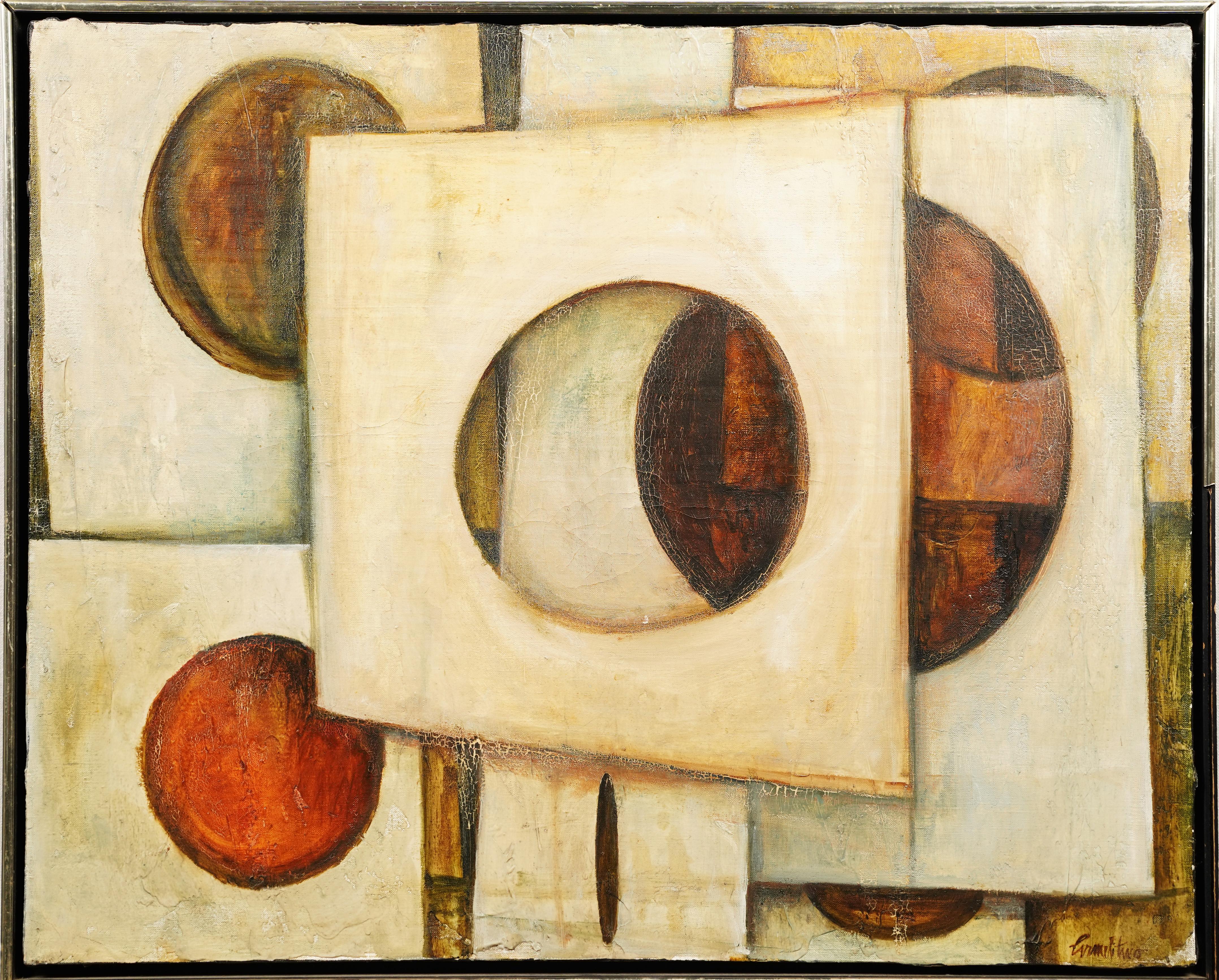 Antiguo cuadro al óleo geométrico abstracto enmarcado de la escuela modernista americana - Painting de Unknown
