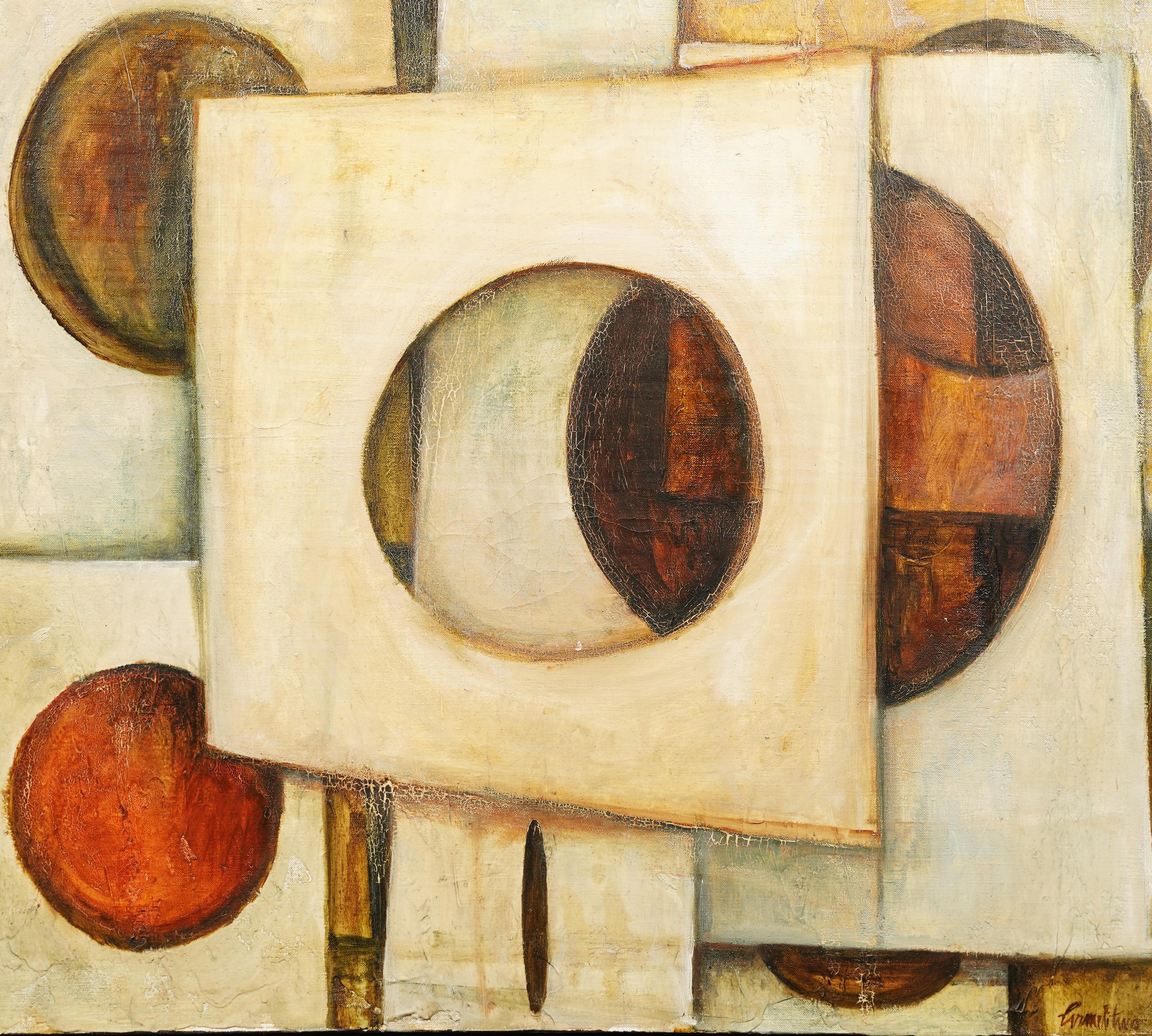 Antiguo cuadro al óleo geométrico abstracto enmarcado de la escuela modernista americana en venta 2