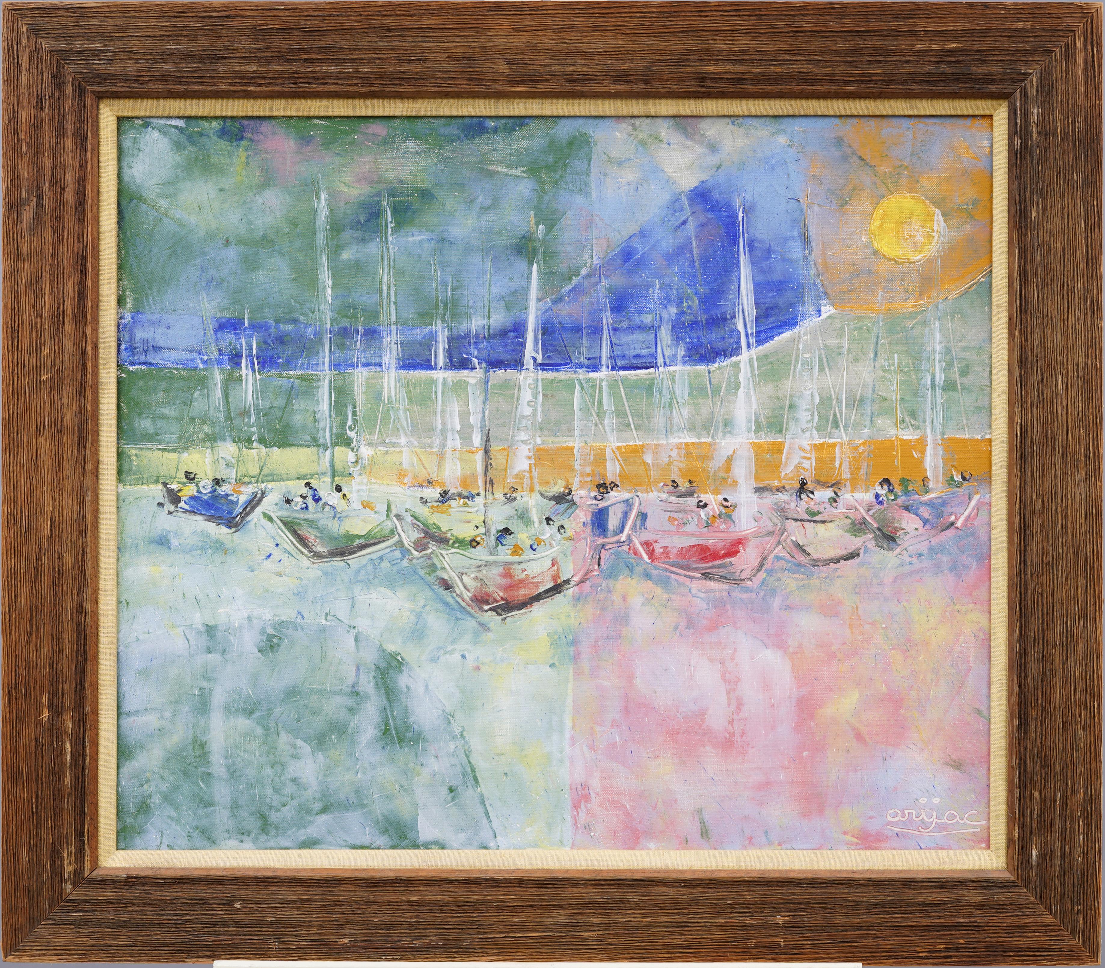 Nicely painted mid century abstract cubist seascape painting.  Oil on canvas.   Framed.  Signed.