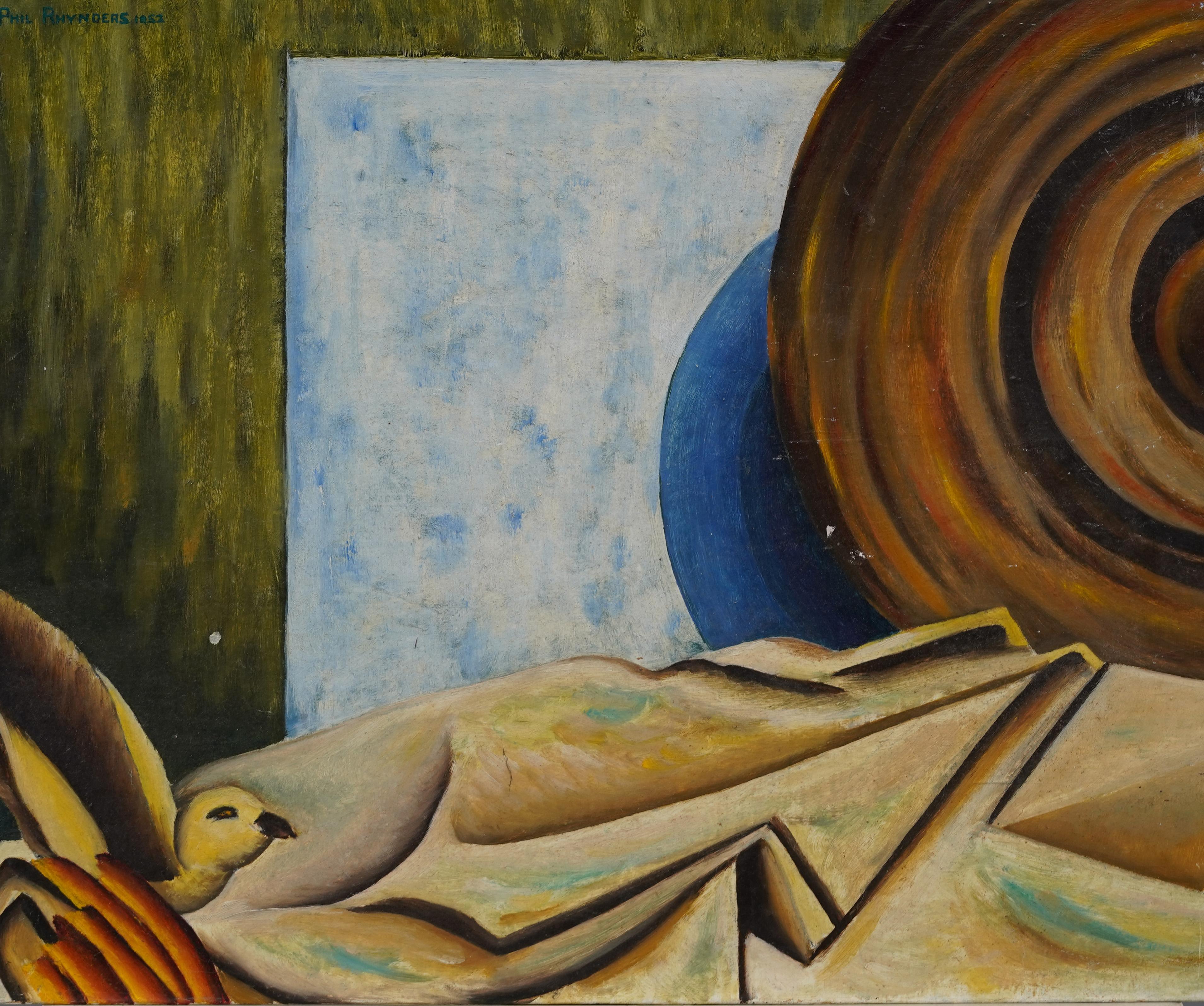 Antiguo bodegón de pájaro de la Escuela Americana Modernista Art Decó firmado al óleo Panting - Still-Life Painting Marrón de Unknown