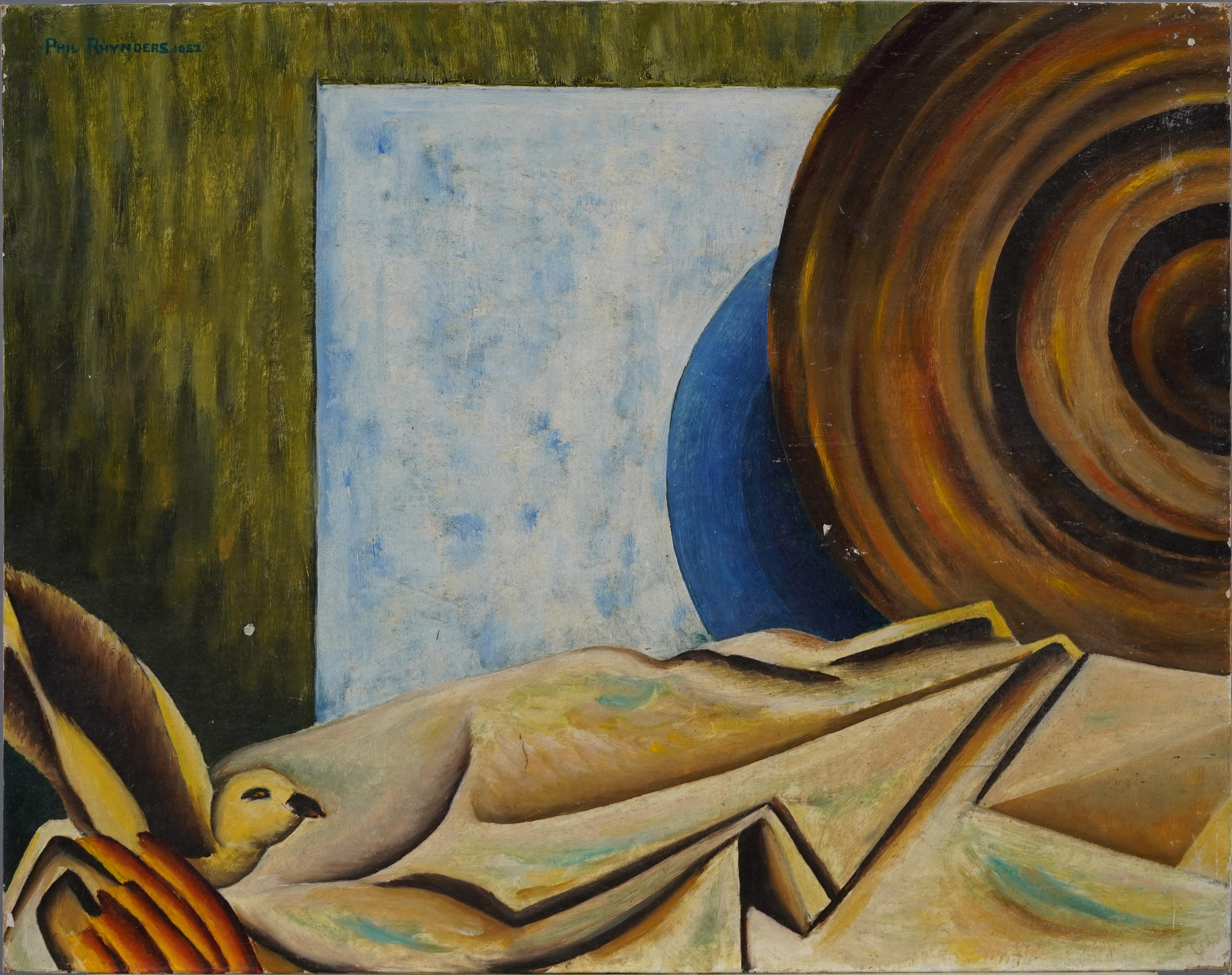 Still-Life Painting de Unknown - Antiguo bodegón de pájaro de la Escuela Americana Modernista Art Decó firmado al óleo Panting