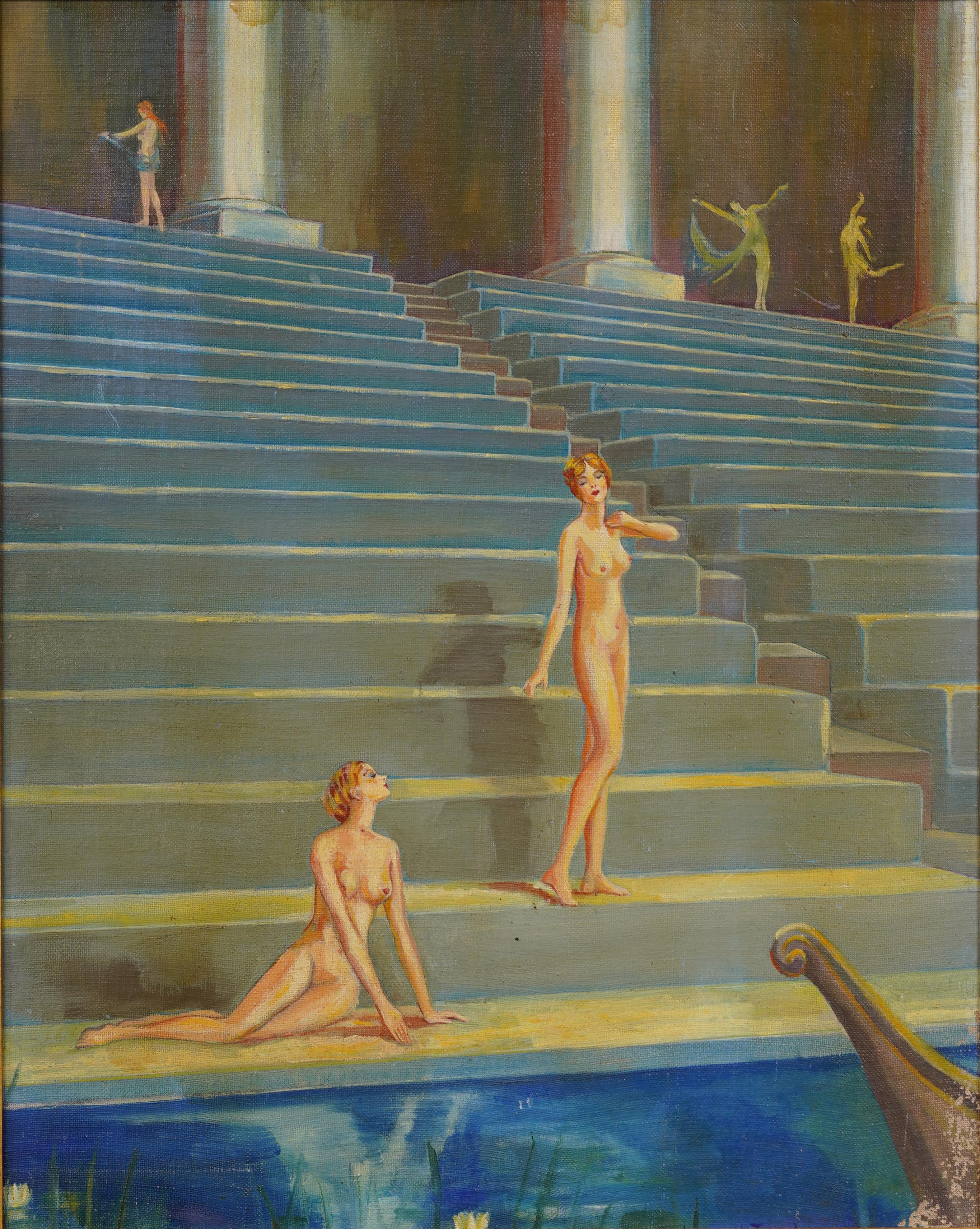 Cuadro de desnudo de la escuela americana art déco finamente pintado.  Óleo sobre tabla.  Enmarcado.  Tamaño de la imagen, 16L x 20H.  