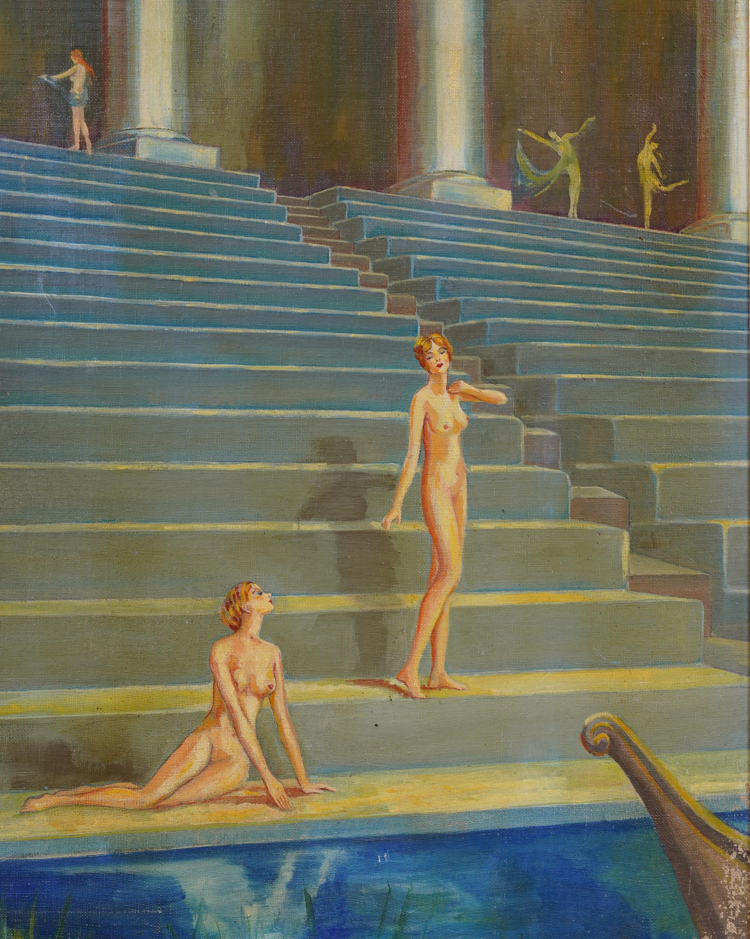 Antiguo cuadro al óleo de la Escuela Americana Modernista Art Decó Figuras desnudas enmarcado 1