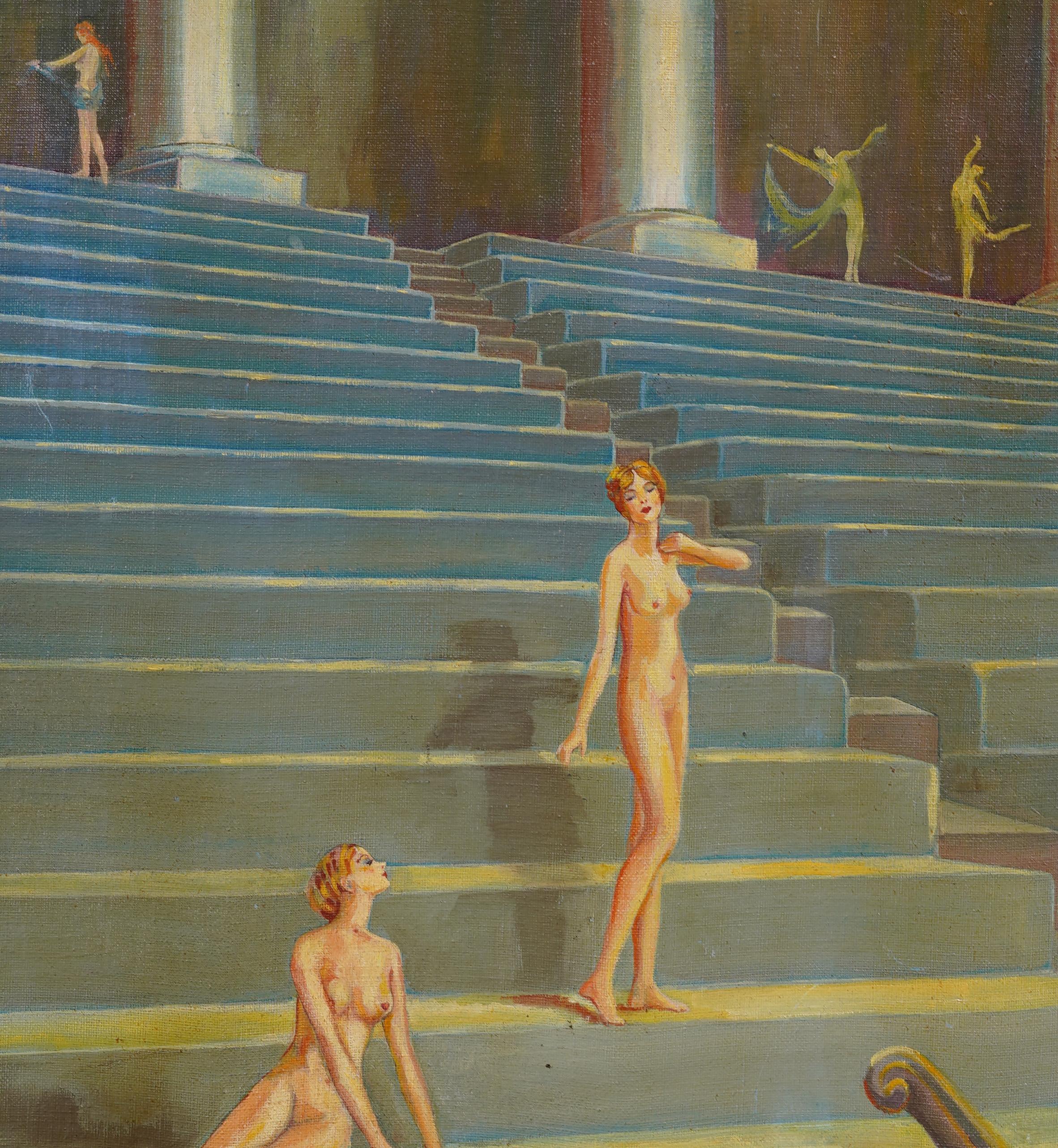 Antiguo cuadro al óleo de la Escuela Americana Modernista Art Decó Figuras desnudas enmarcado 2