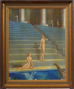Antiguo cuadro al óleo de la Escuela Americana Modernista Art Decó Figuras desnudas enmarcado