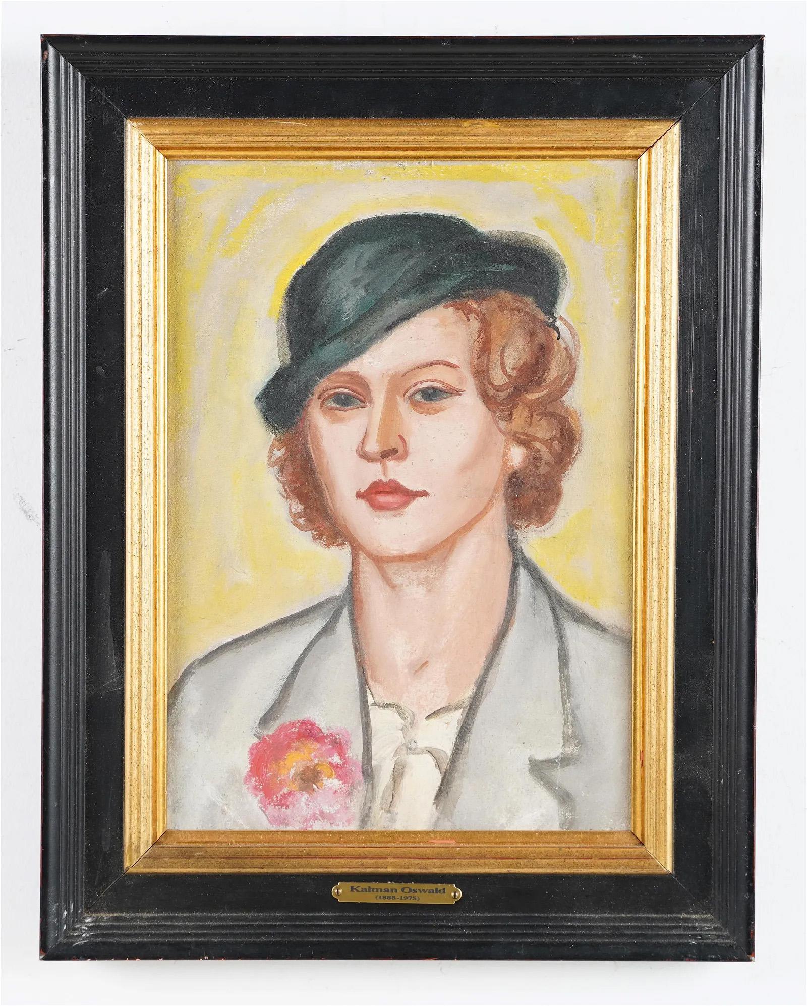Antique American School Modernist Art Deco Woman Portrait Framed Oil Painting 1