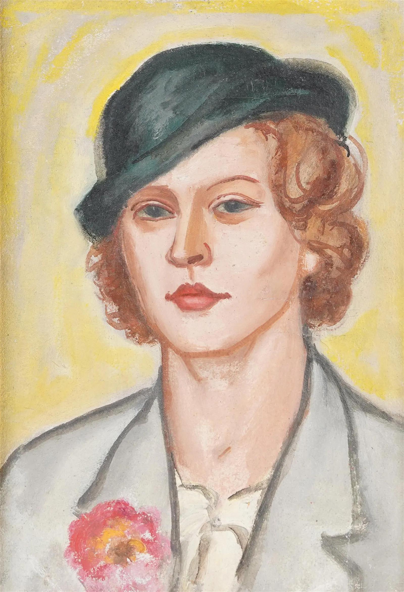 Antique American School Modernist Art Deco Woman Portrait Framed Oil Painting 2