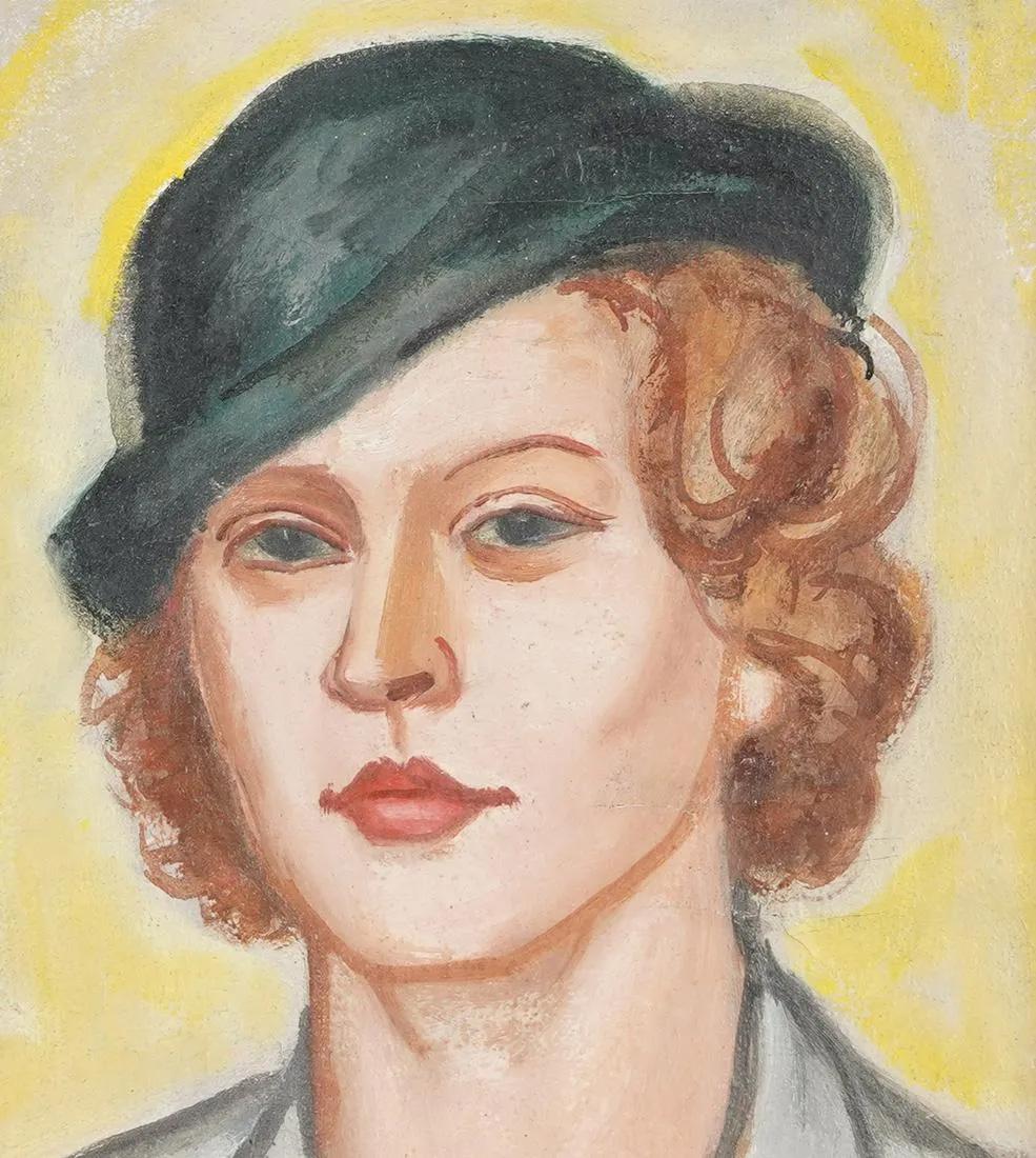 Antique American School Modernist Art Deco Woman Portrait Framed Oil Painting 3